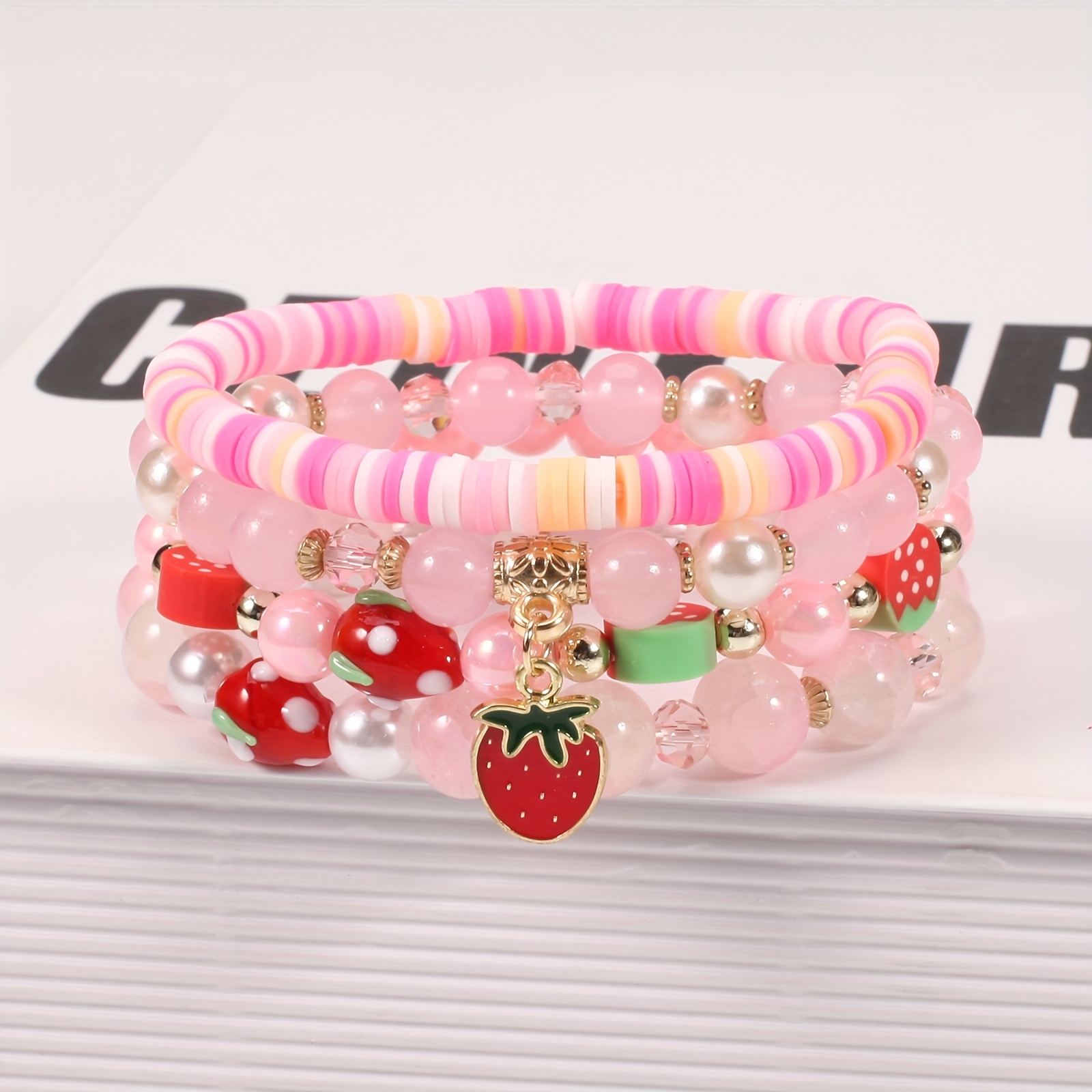 7pcs Coquette Style Bracelets Made of Beads Rose or Strawberry Make Your Call Match Daily Outfits Party Decor Sweet Gift for Female,Temu
