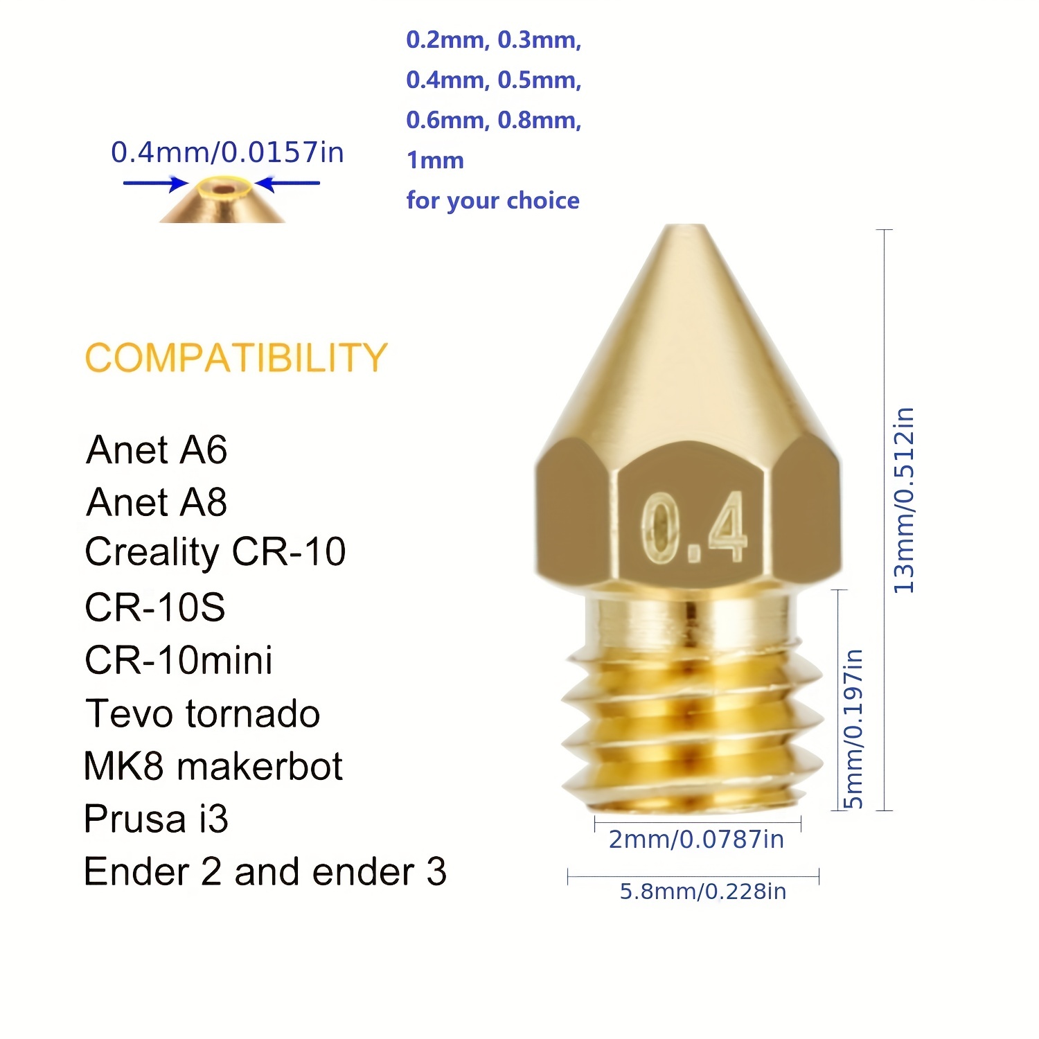 Buse Imprimante 3D MK8 Buse 0.2mm, 0.3mm, 0.4mm, 0.5mm, 0.6mm, 0.8mm, 1 mm  Buse pour imprimante 3D Makerbot Creality CR-10 ANET A8 CR-10 Ender 3