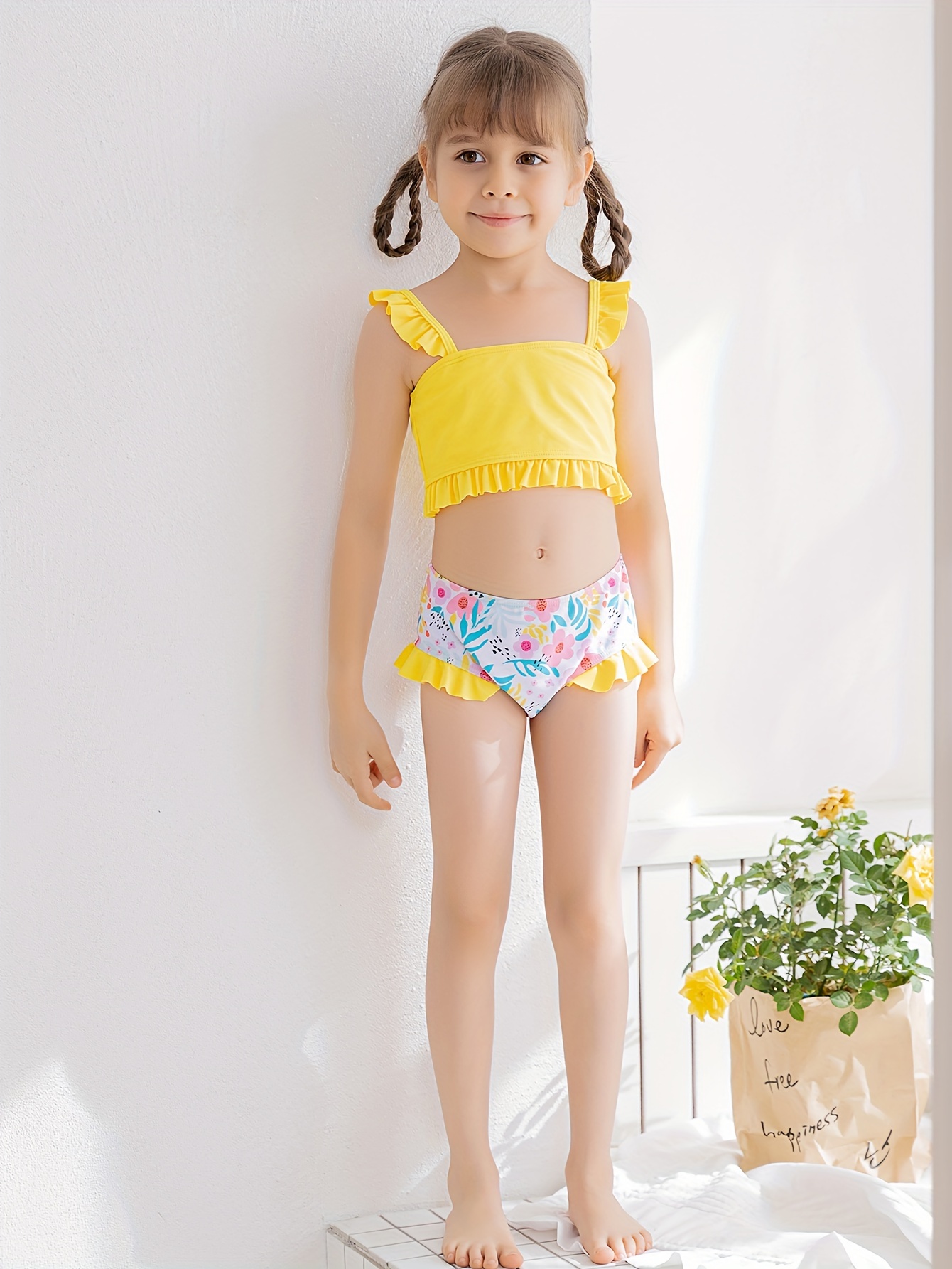 Girl's Bikini Swimsuit Ruffle Decor Camisole Briefs Pants - Temu
