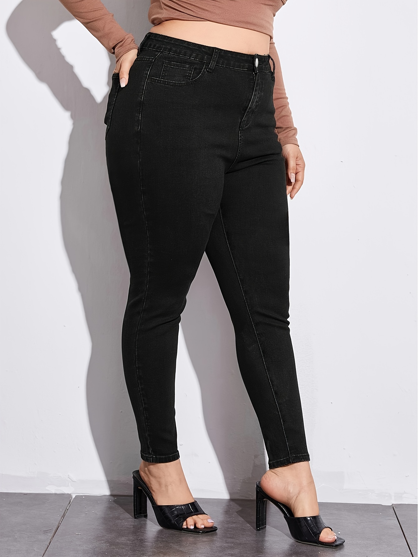 Plus Size Solid Pocket Skinny Leggings Casual Every Day - Temu Canada