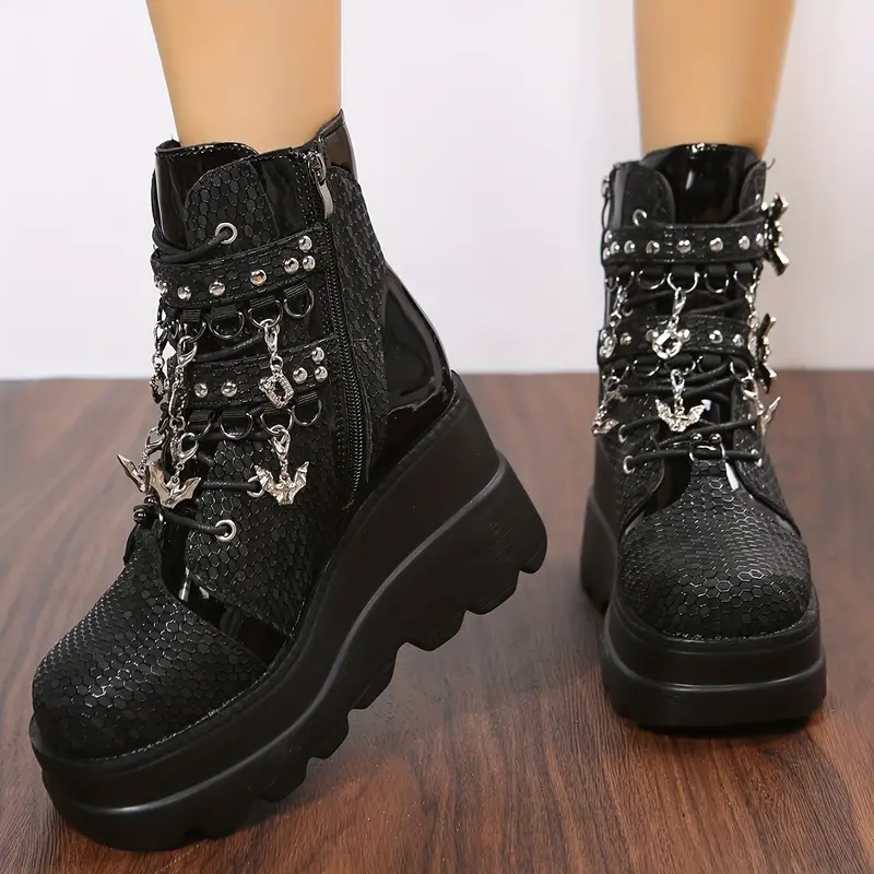Womens Gothic Platform Ankle Boots Round Toe Lace Up Buckle Strap ...