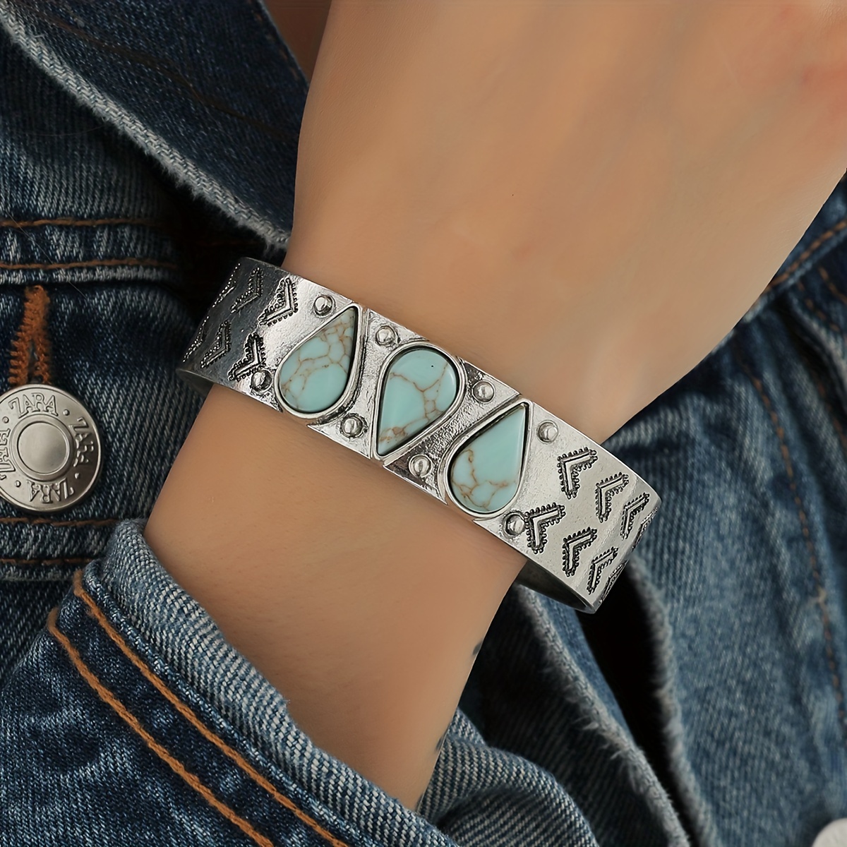 Western Boho Style Silver Color Cuff Bangle Bracelet Inlaid - Temu