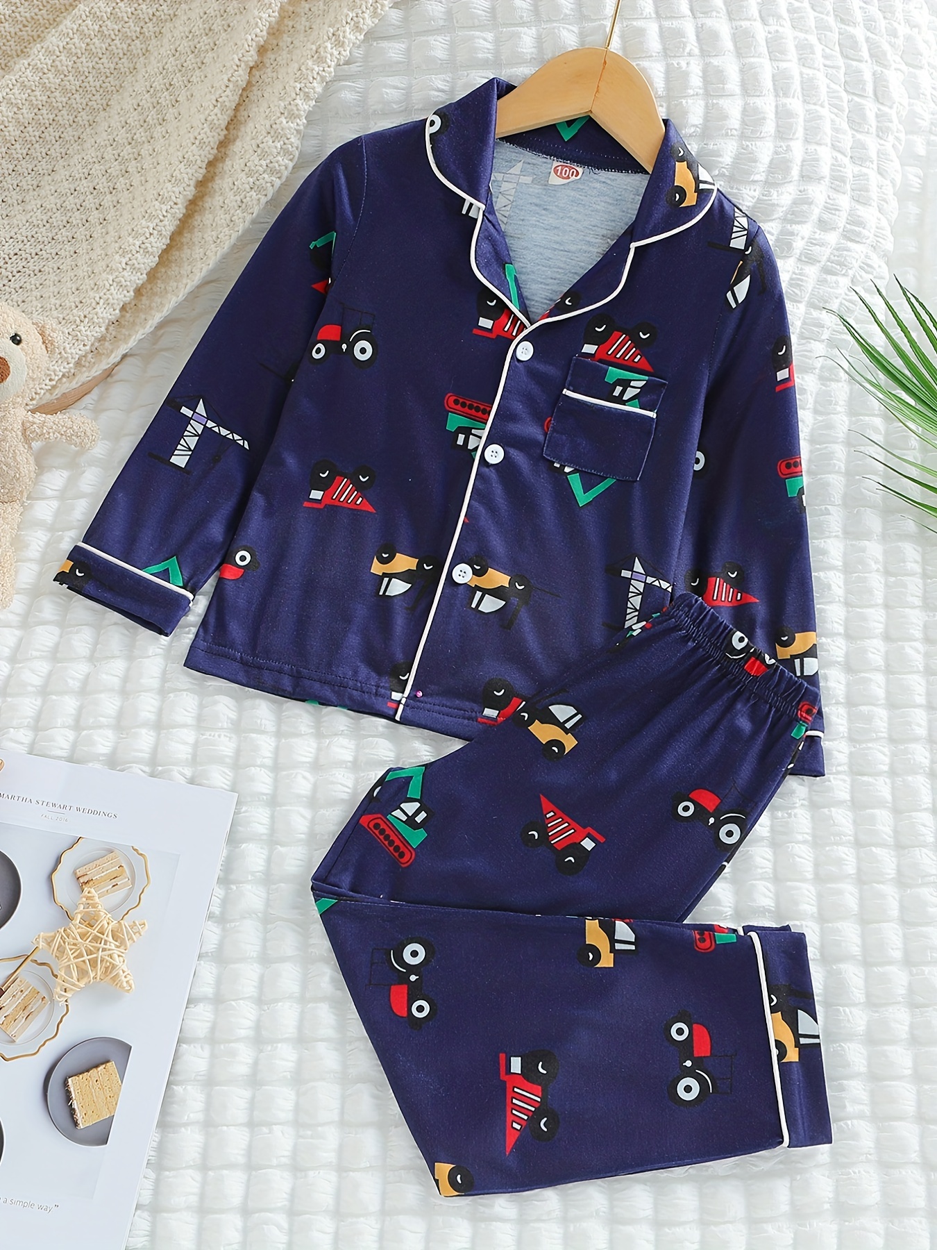 Boys 2pcs Pajamas Top & Elastic Waist Pants Cartoon Car Print Long Sleeve  Button Front Loungewear Comfy Casual Homewear PJ Set Kids Clothes