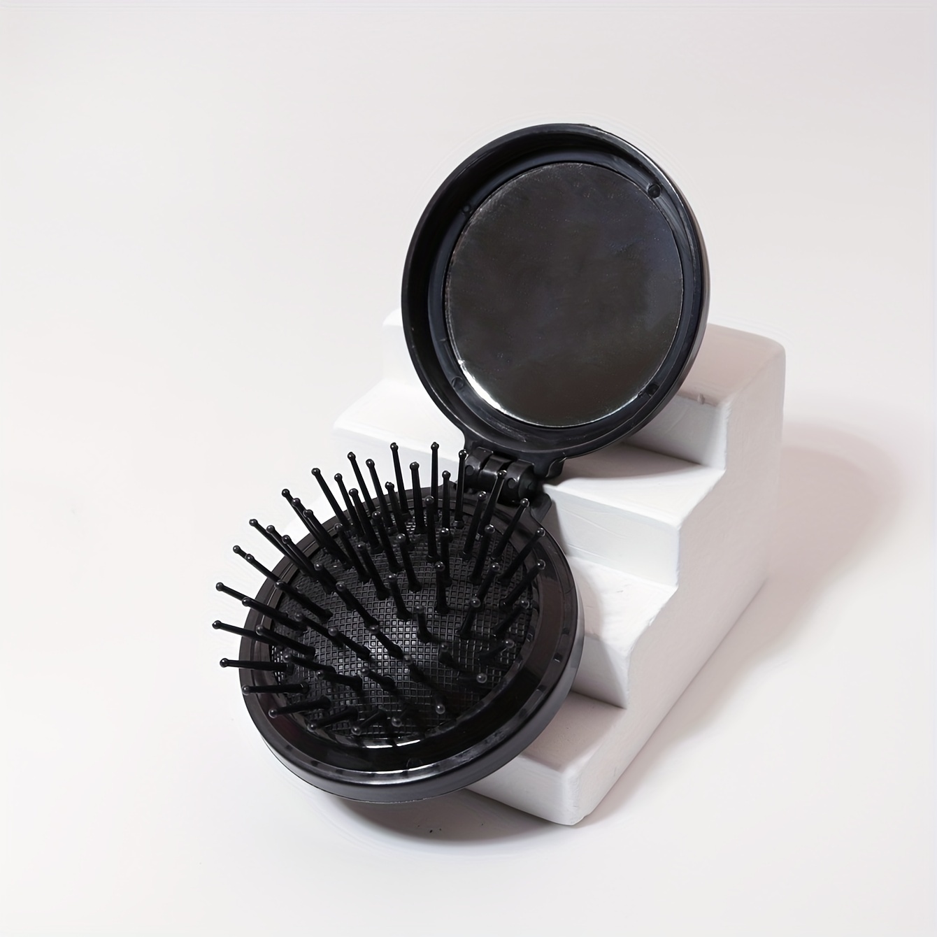 TEMU Folding Circular Mirror Hair Brush 1pc, Pocket Hair Brush, Compact Travel Outfit, Hair Massage Comb, Suitable For All Hair Types