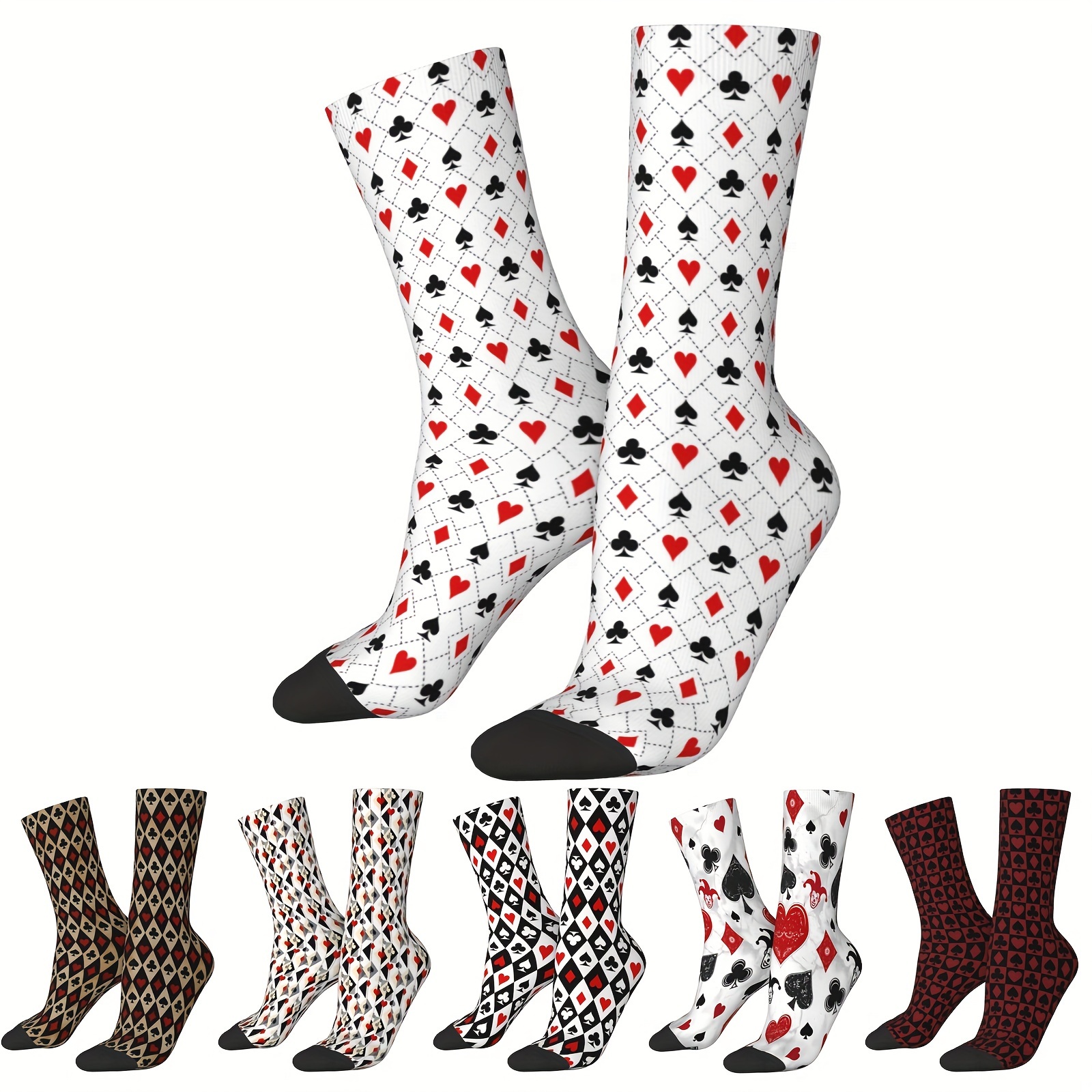 

1 Pair Of Men's Playing Cards Pattern Crew Socks, Comfy Breathable Casual Thermal Novelty Socks, Winter & Autumn