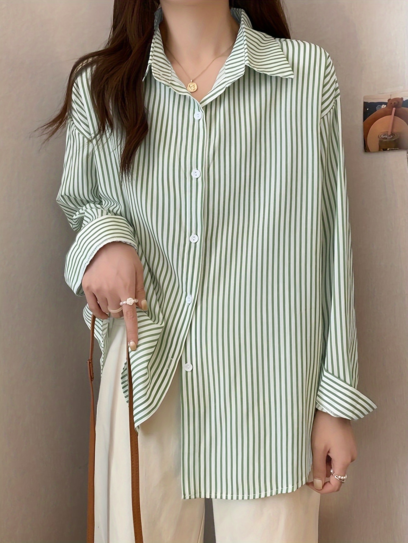 Colorful Striped Print Blouse Casual Long Sleeve Collar - Temu New Zealand