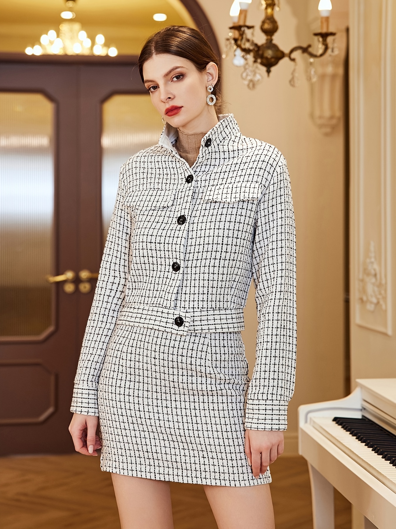 plaid button textured blazer open front long sleeve suit jacket with wide lapels elegant stylish tops for office work womens clothing outerwear details 7