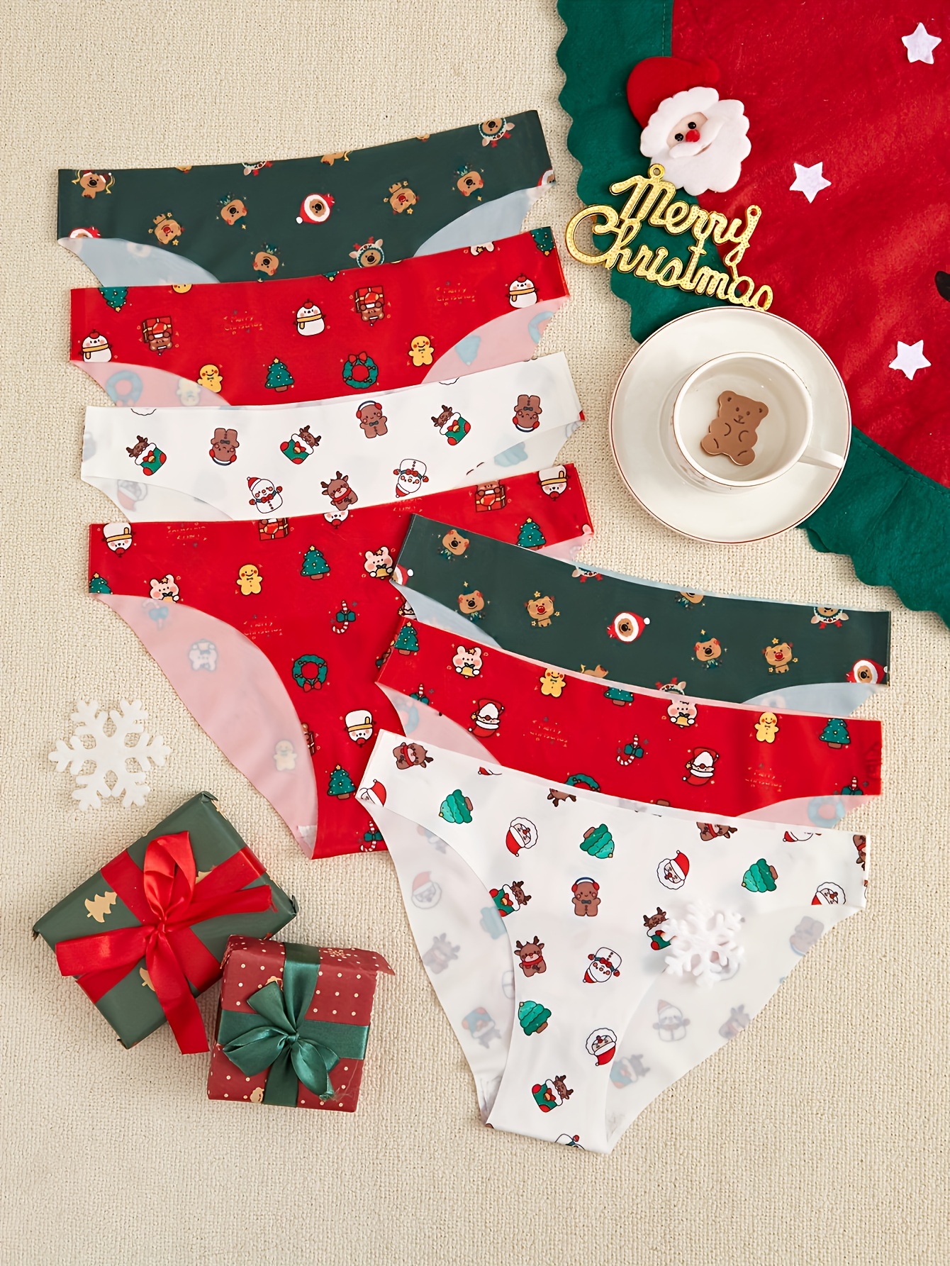 3 Pack Plus Size Christmas Cute Panties Set, Women's Plus Christmas Hat &  Snowflake & Lollipop Print Contrast Binding Low Waisted Briefs 3pcs Set