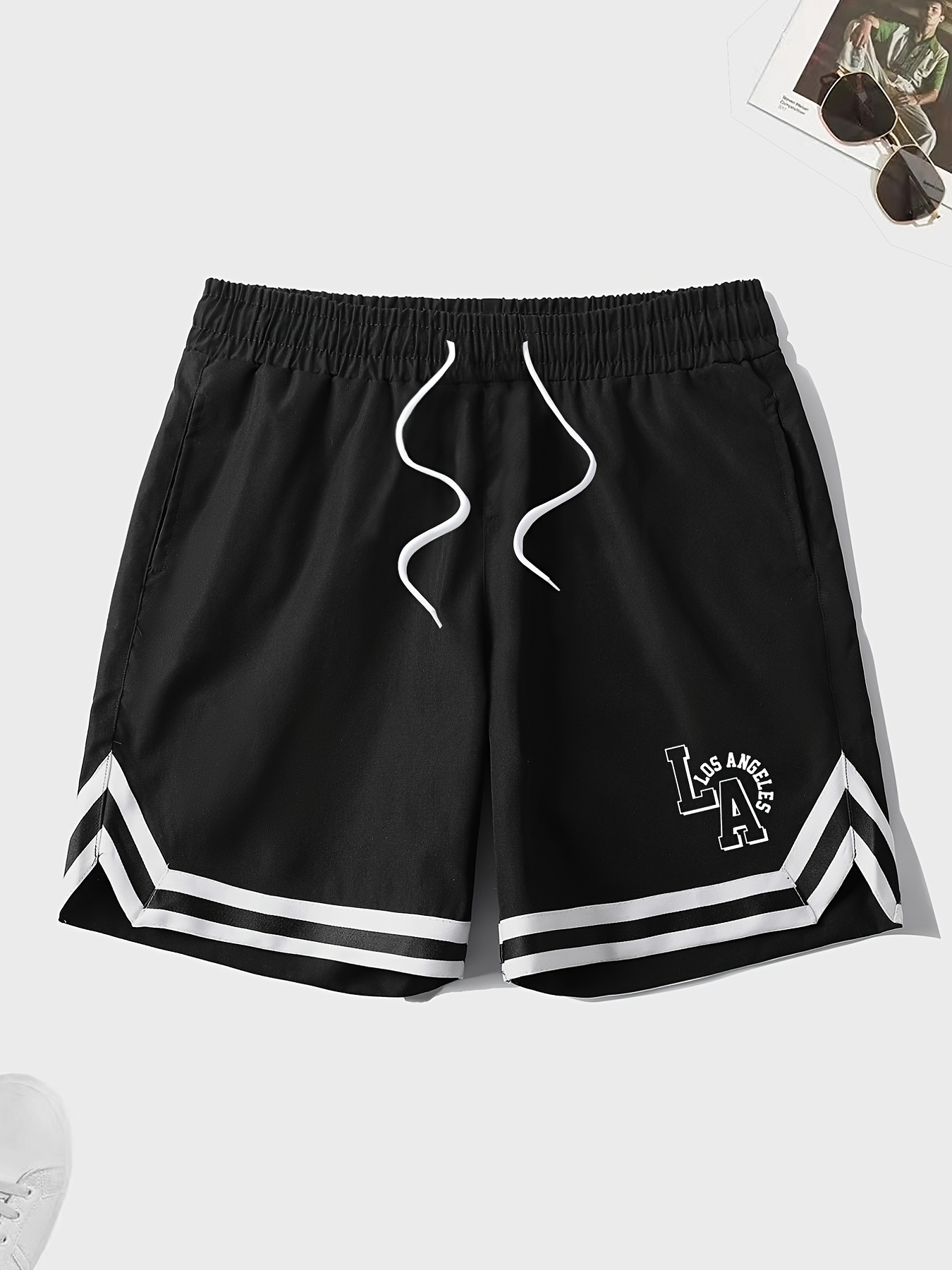 Temu Letter Graphic Drawstring Non-Stretch Basketball Shorts, Men's Casual Print Striped Drawstrings Summer Outdoor Sports Workout Gym Basketball Shorts