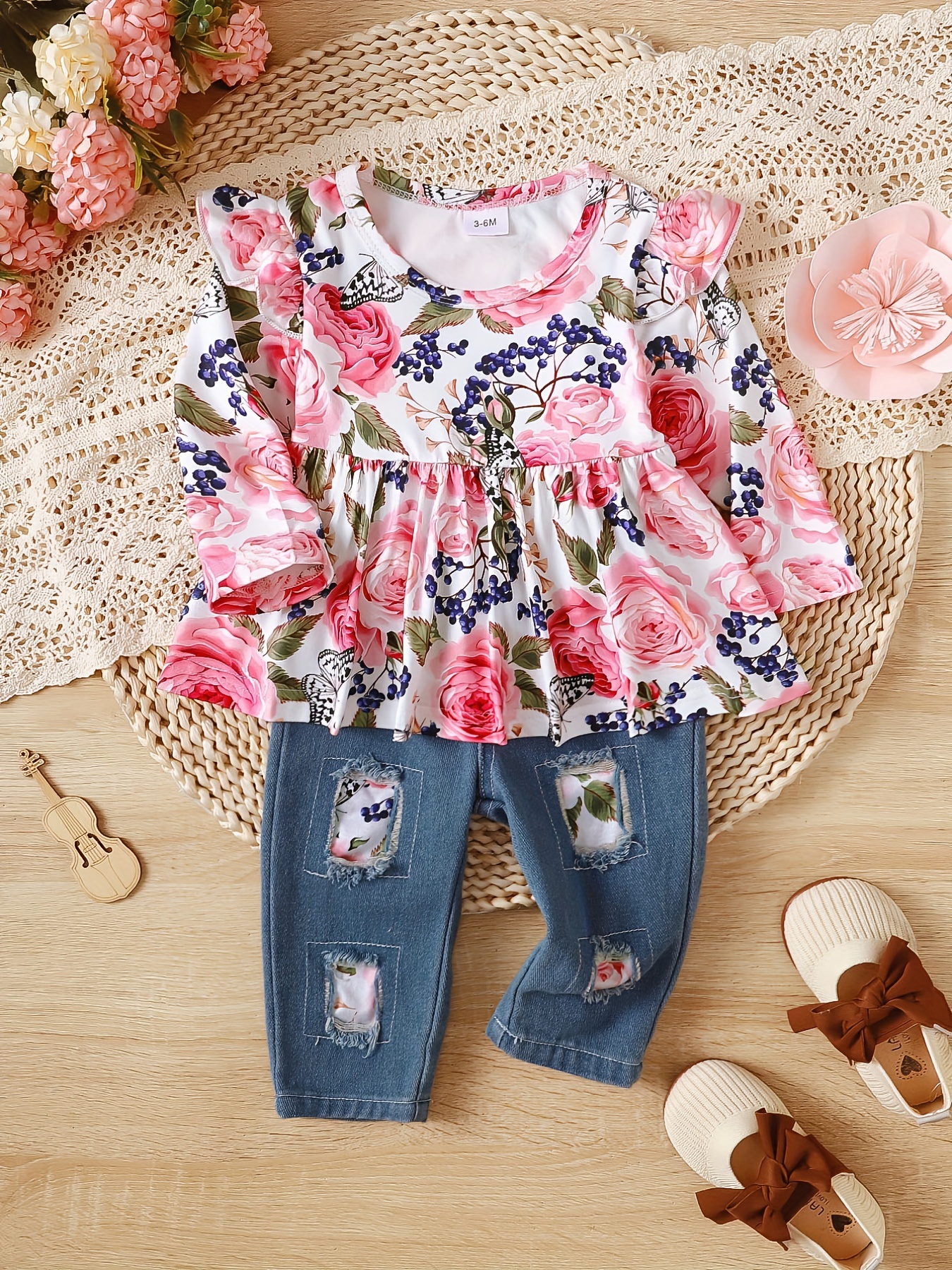 2Pcs Cute Toddler Baby Kids Girls Flower Tops Denim Shorts Pants Outfits  Clothes