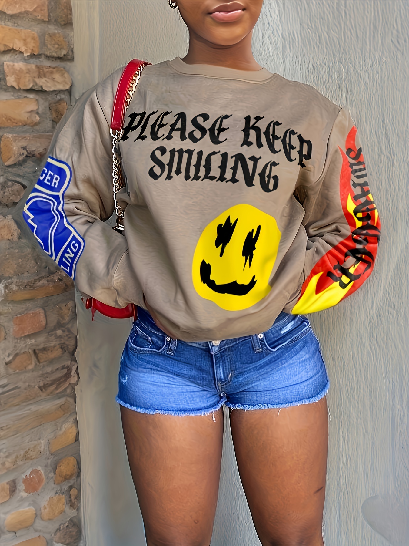 Plus Size Y2k Sweatshirt Women's Plus Funny Face Letter - Temu Canada