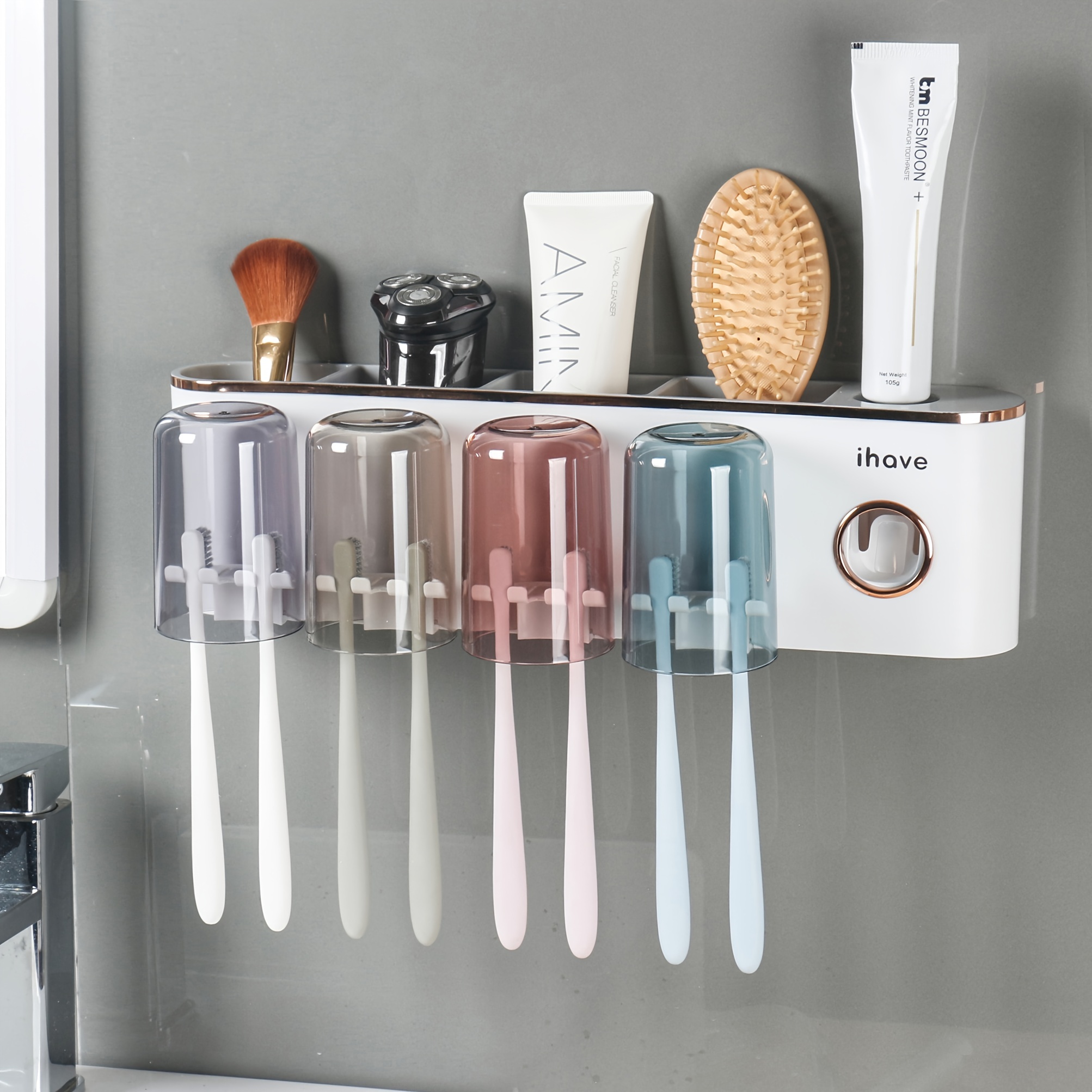 iHave Toothbrush Holders for Bathrooms, 4 Cups Toothbrush Holder Wall  Mounted with Toothpaste Dispenser - Large Capacity Tray, 2 Cosmetic Drawer  