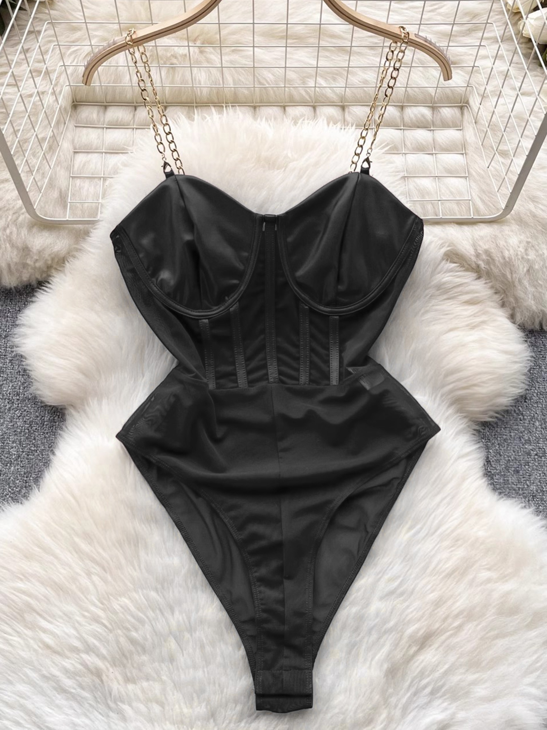 Chain Straps Backless Black Mesh Transparent Bodysuit – ShopAA