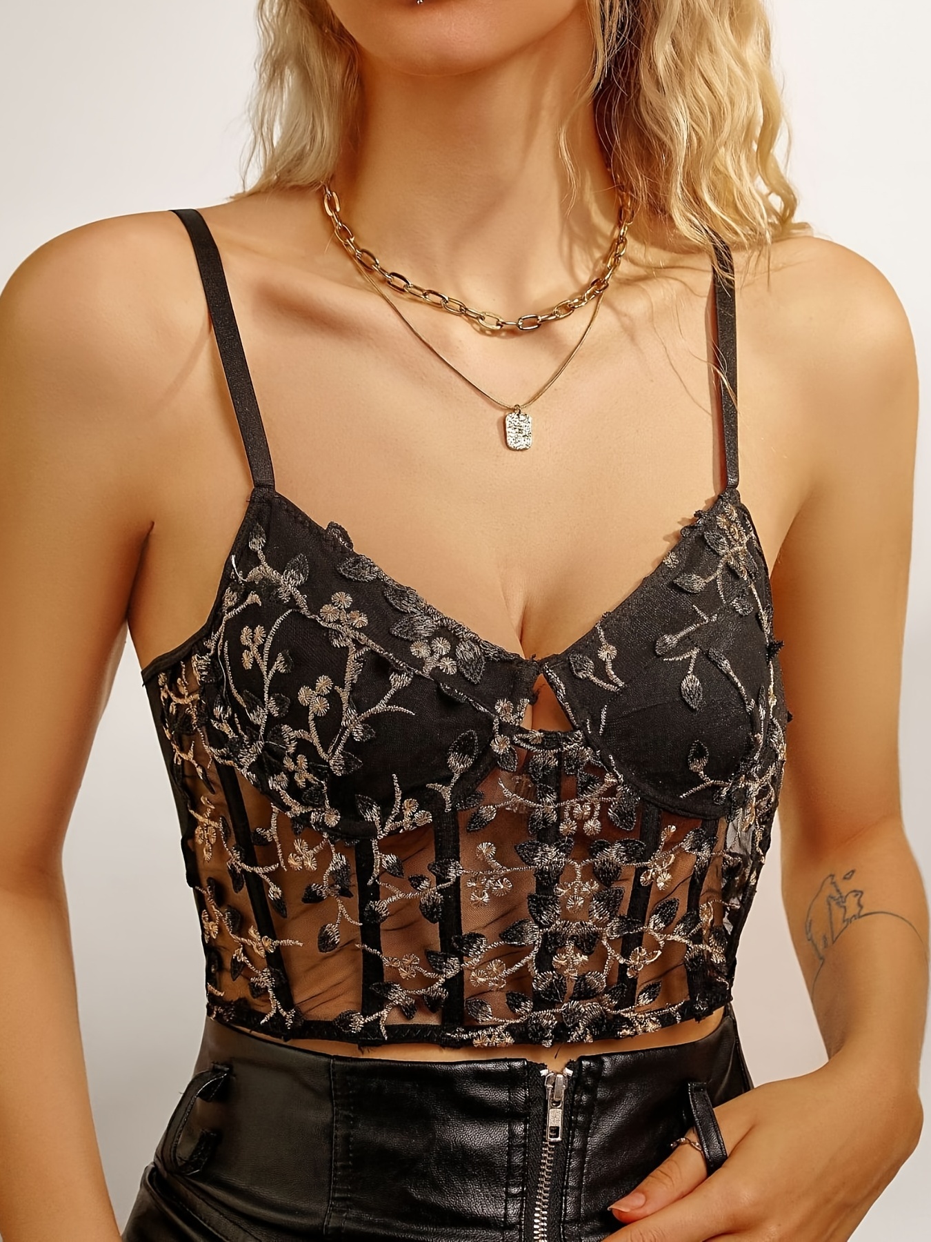 Floral Embroidery Cami Crop Top Hollow V Neck Mesh Bustier - Temu