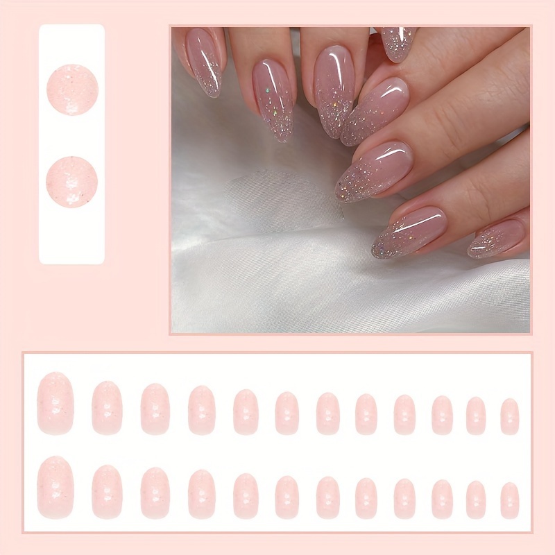 glitter pinkish press on nails shiny sequin cute short oval false nails reusable fake nails for daily wear details 2