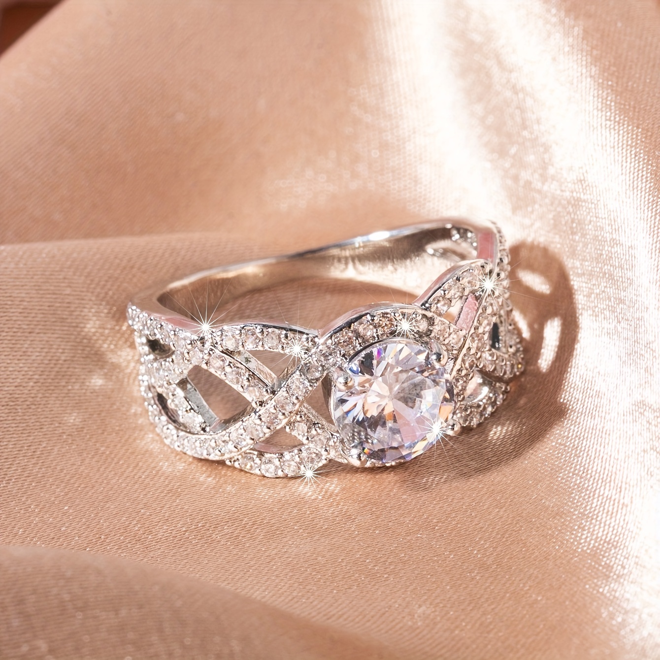 Chic Promise Ring Trendy Braiding Design Paved Shining Gemstone