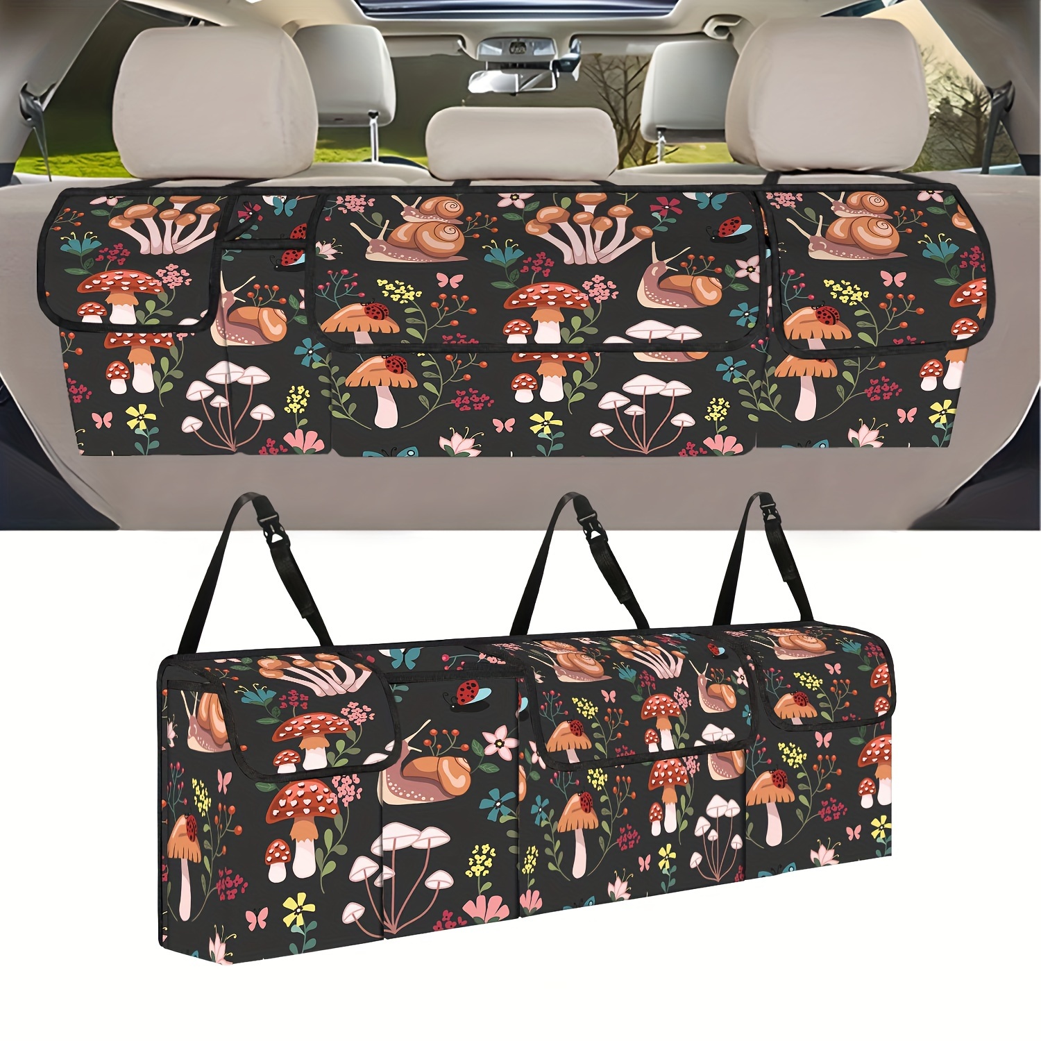 

1pc Snail Mushroom Printed Car Rear Seat Trunk Hanging Storage Bag, Foldable Storage Bag With 3 Large Pockets And 3 Adjustable Shoulder Straps