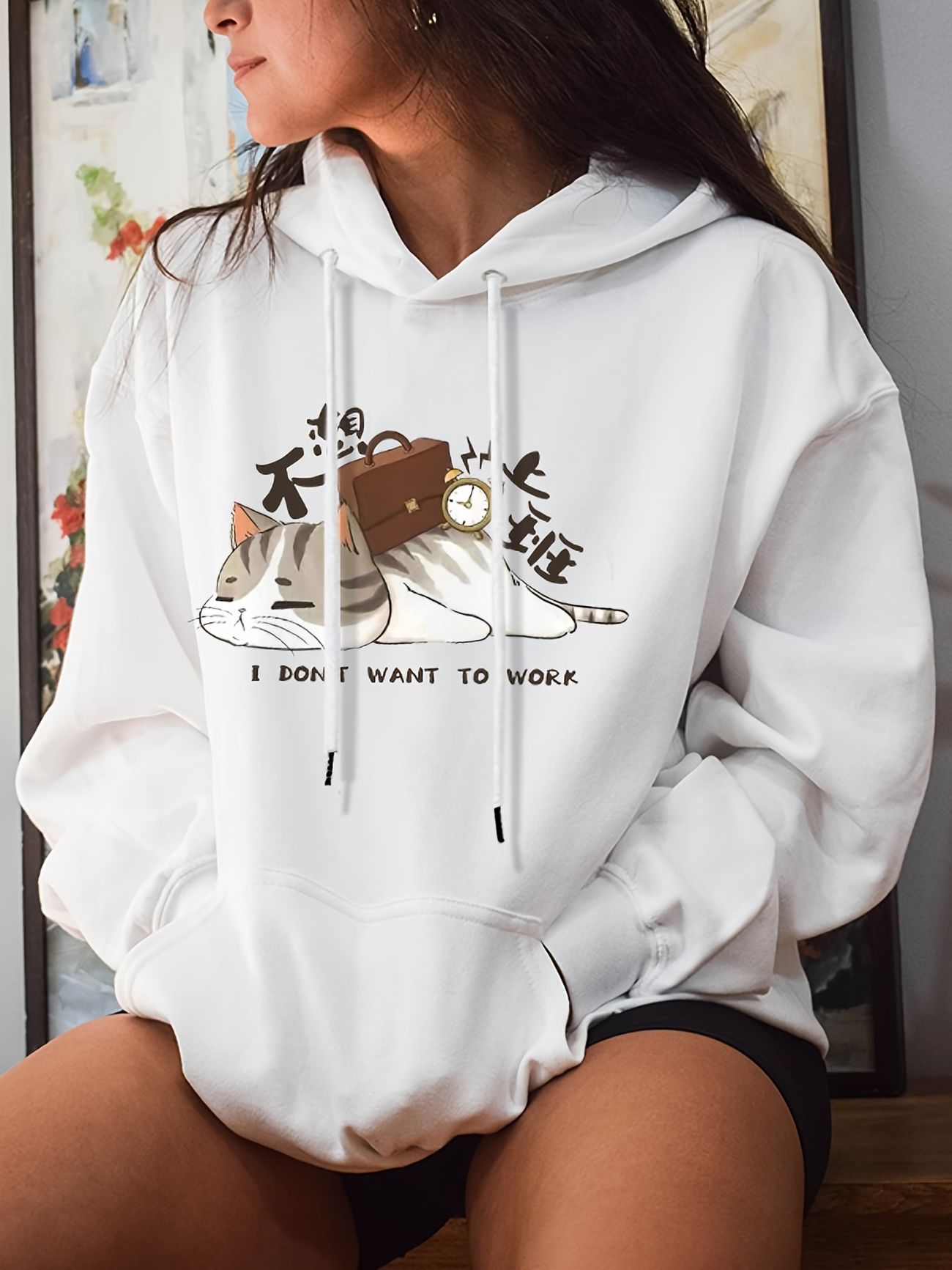 Cartoon Graphic Hooded Sweatshirt, Women's Work Cat Funny Solid Long Sleeve Casual Women's Clothing Hoodie - Temu Cartoon Graphic Hooded Sweatshirt, Women's Work Cat Funny Solid Long Sleeve Casual Women's Clothing Hoodie - Temu
