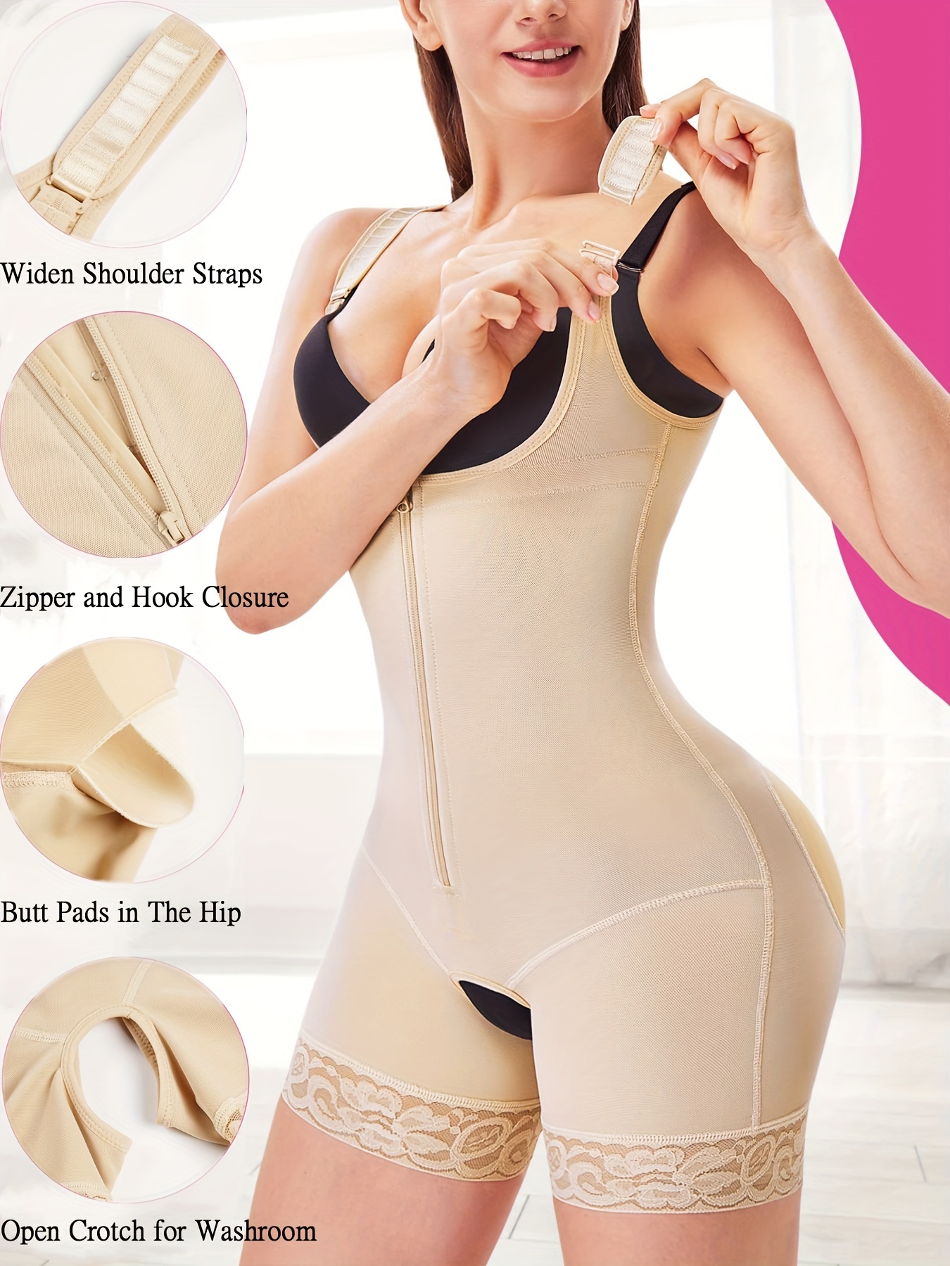 Lace Trim Zipper Shaping Bodysuit Tummy Control Slimmer Open - Temu