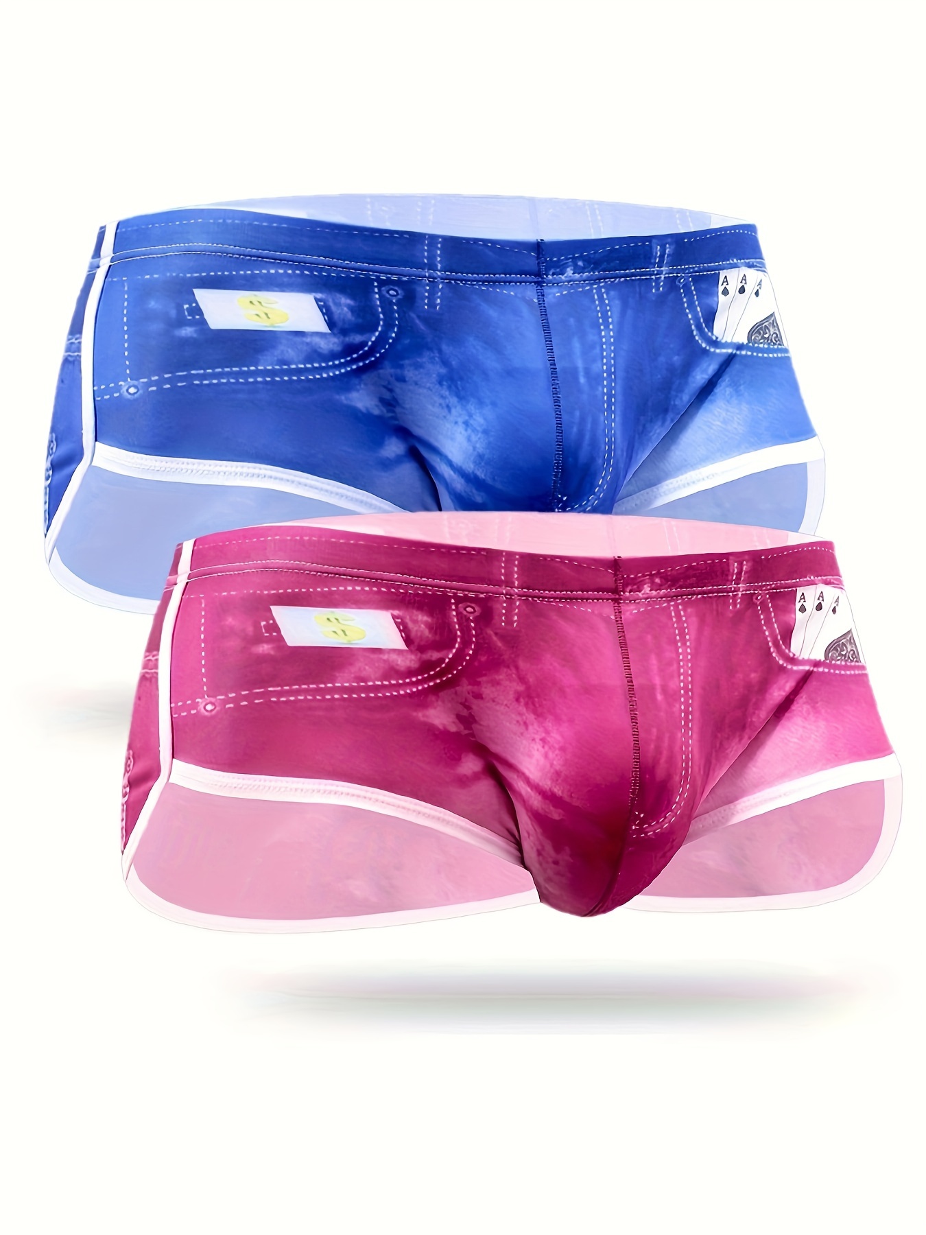 Men Big Pouch Ice Silk 3D Denim Printed Shorts Fake Jean Underwear