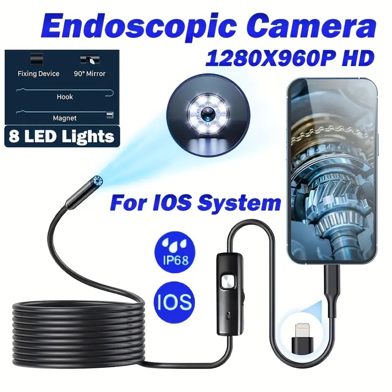 Caméra Endoscopique Endoscope HD 1280P Avec 6 Lumières LED Réglables -  Câble Serpent Rigide - Caméra D'inspection Étanche IP67 7,9 Mm Pour IPhone,  IPad - Temu France