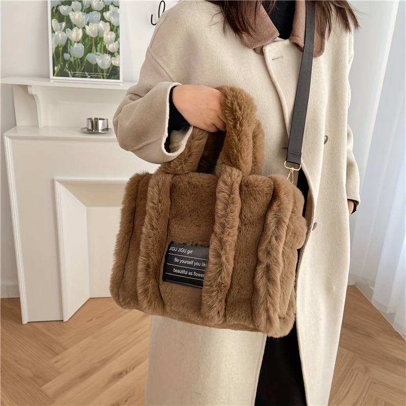 Fuzzy, Soft, Plush, Large Capacity Letter Patch Fluffy Tote Bag For Girls,  Women, College Students, Rookies & White-collar Workers For Work, Office,  Commute, For Autumn & Winter, Warm Winter, Outdoors