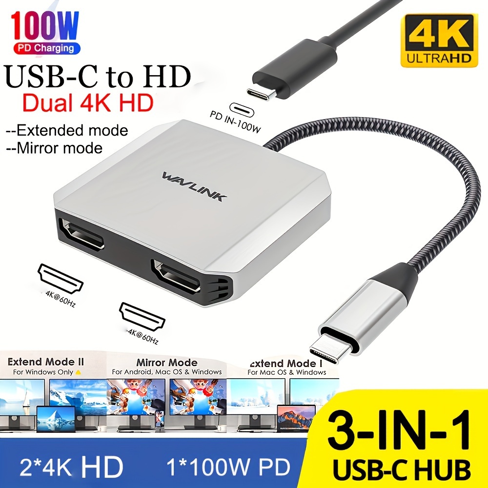 WAVLINK USB C to Dual HDMI Splitter 4K@60Hz, 3-In-1 HDMI Adapter with 87W  Power Delivery, Dual Monitors Adapter Powered HDMI Hub for MacBook Pro/Air,  Dell XPS, HP, Lenovo, Thunderbolt 3/4 Laptops