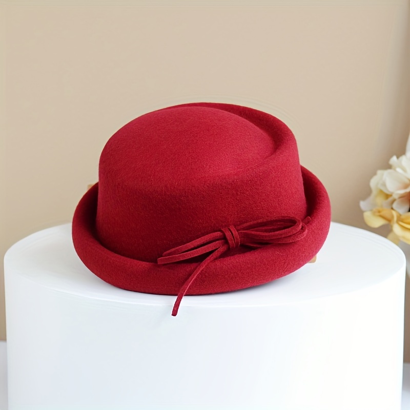 Vintage Bowknot Wool Fedoras Cap Simple Solid Color British Style Felt Hats Short Brim Trilby Hat For Women Autumn & Winter - Click Image to Close