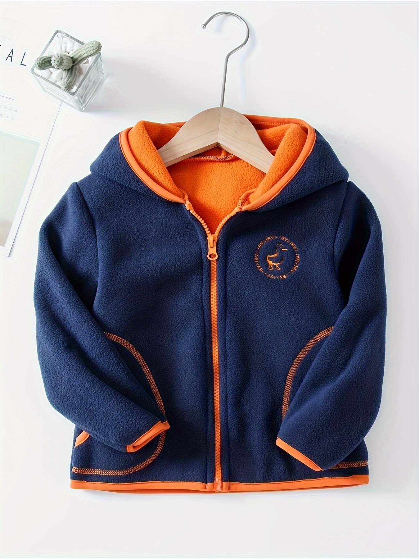 Kid's Color Clash Polar Fleece Jacket, Duck Embroidered Hooded Coat, Boy's  Clothes For Spring Fall Outdoor