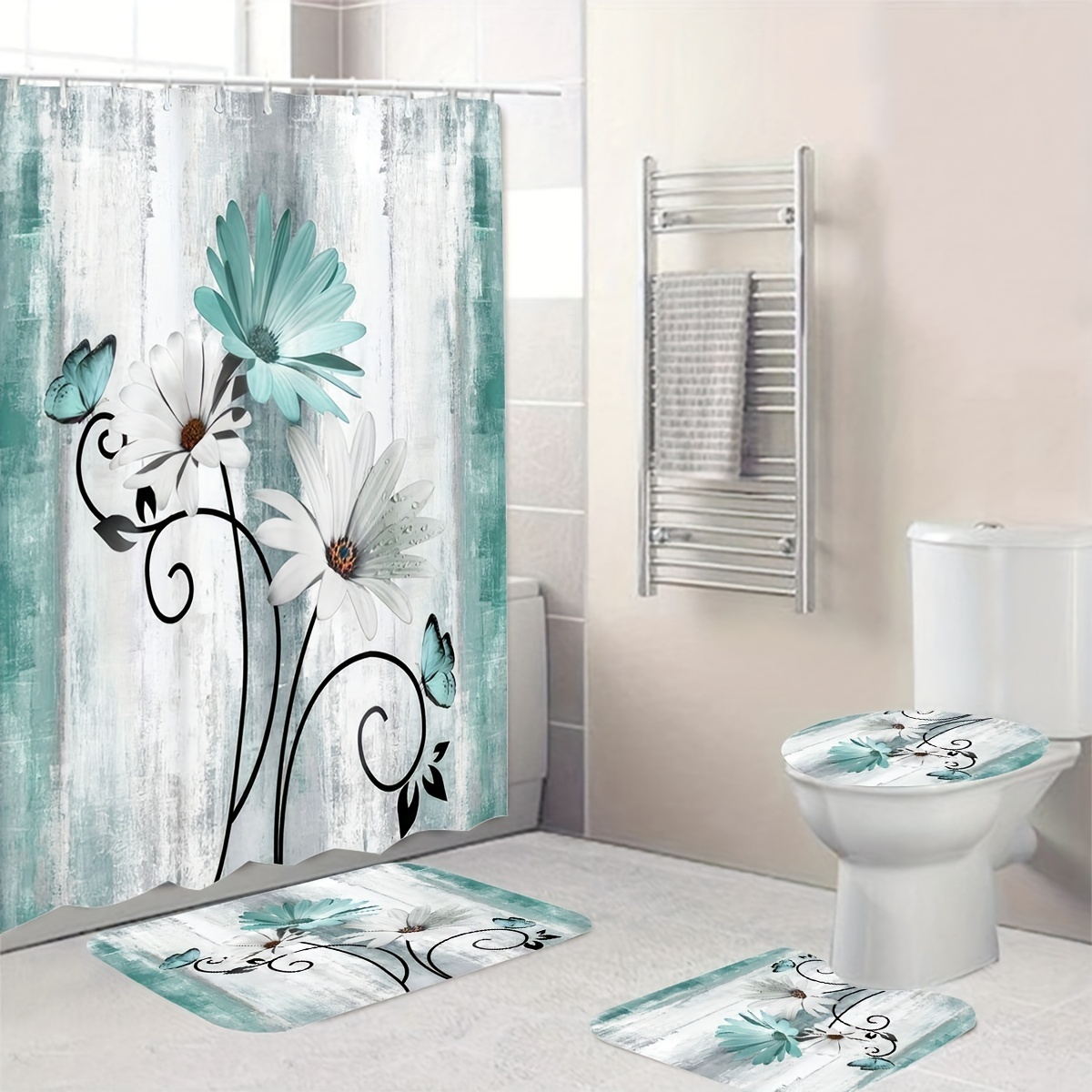 

1pc Butterfly Flower Waterproof Shower Curtain With 12 Hooks, Non-slip Bathroom Rug, Toilet U-shape Mat, Toilet Lid Cover Pad, Bathroom Decor Asethetic Room Decor, Home Decor