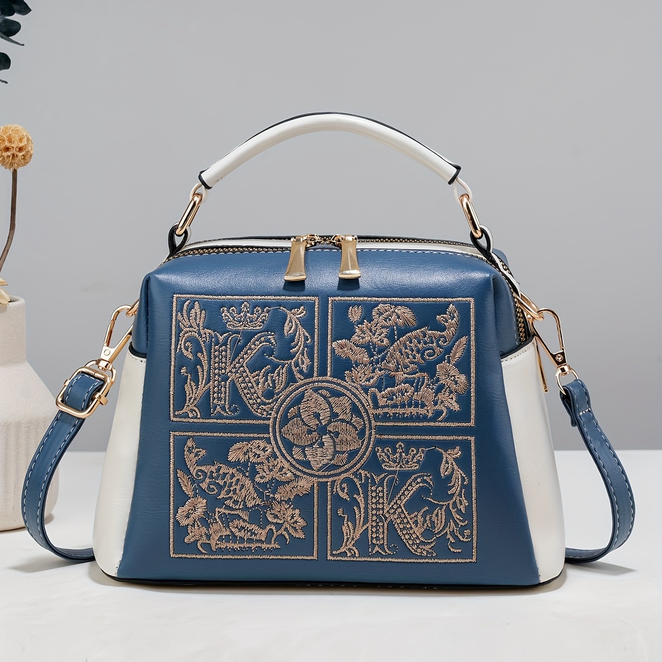 Women Fashion Embroidered Handbag with Zipper Crossbody Bag & Faux Leather Top Handle Purses