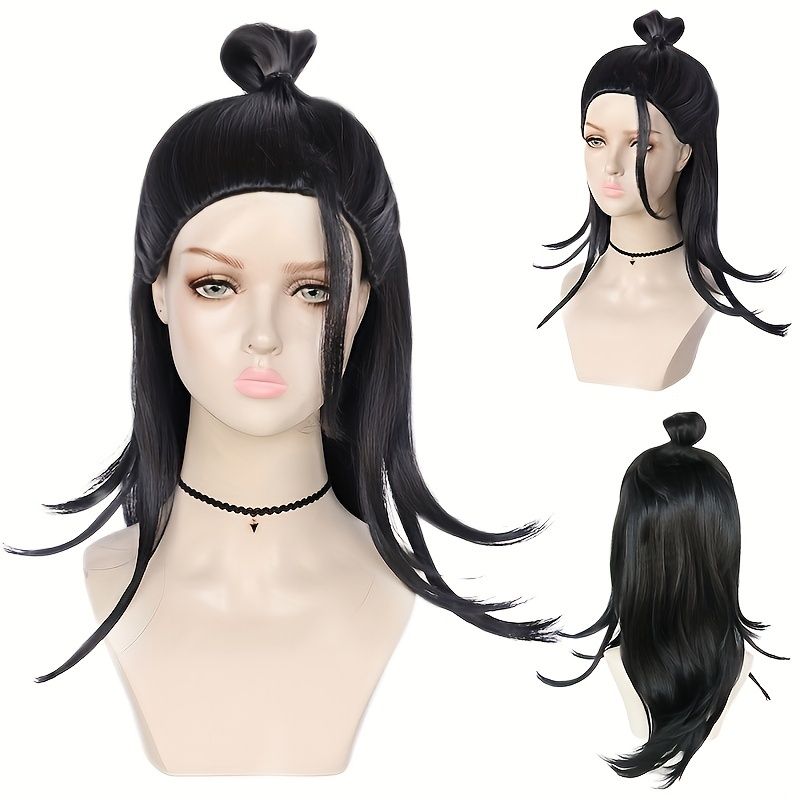 22inch Synthetic Long Straight Black Wig With Hair Bun Anime Cosplay Wig 1pc Wig Cap Costume Wig For Halloween Party