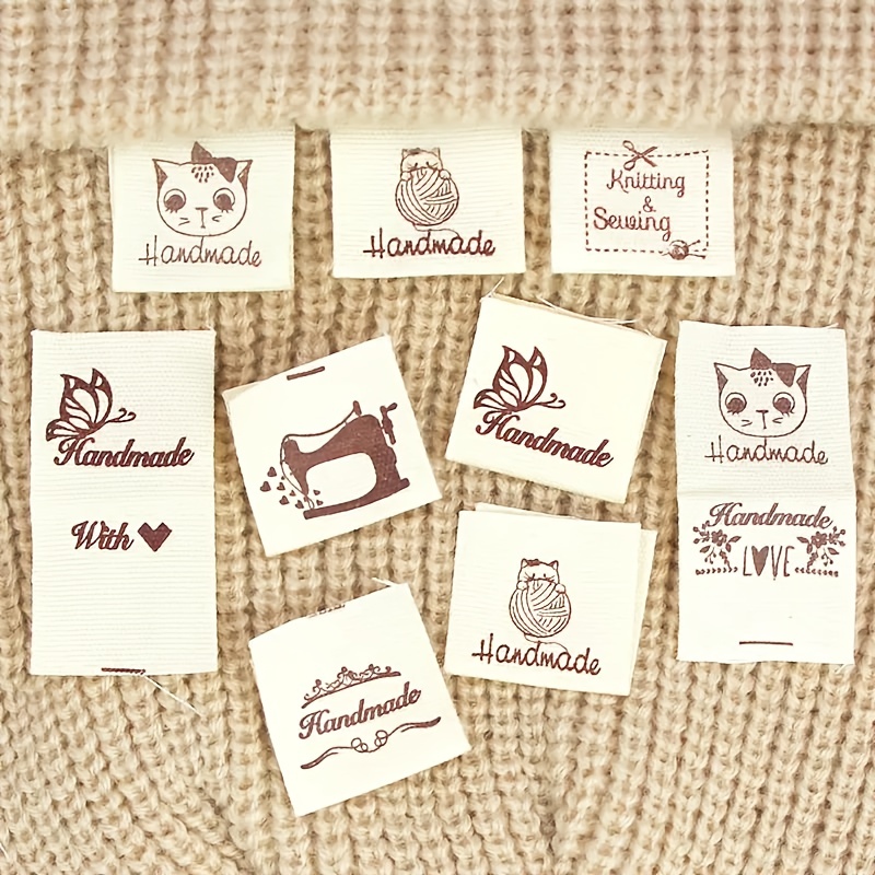 

30pcs Handmade With Love Cloth Garment Labels Cartoon Cat Flower Pattern Woven Knitted Clothing Tags Diy Sewing Accessories