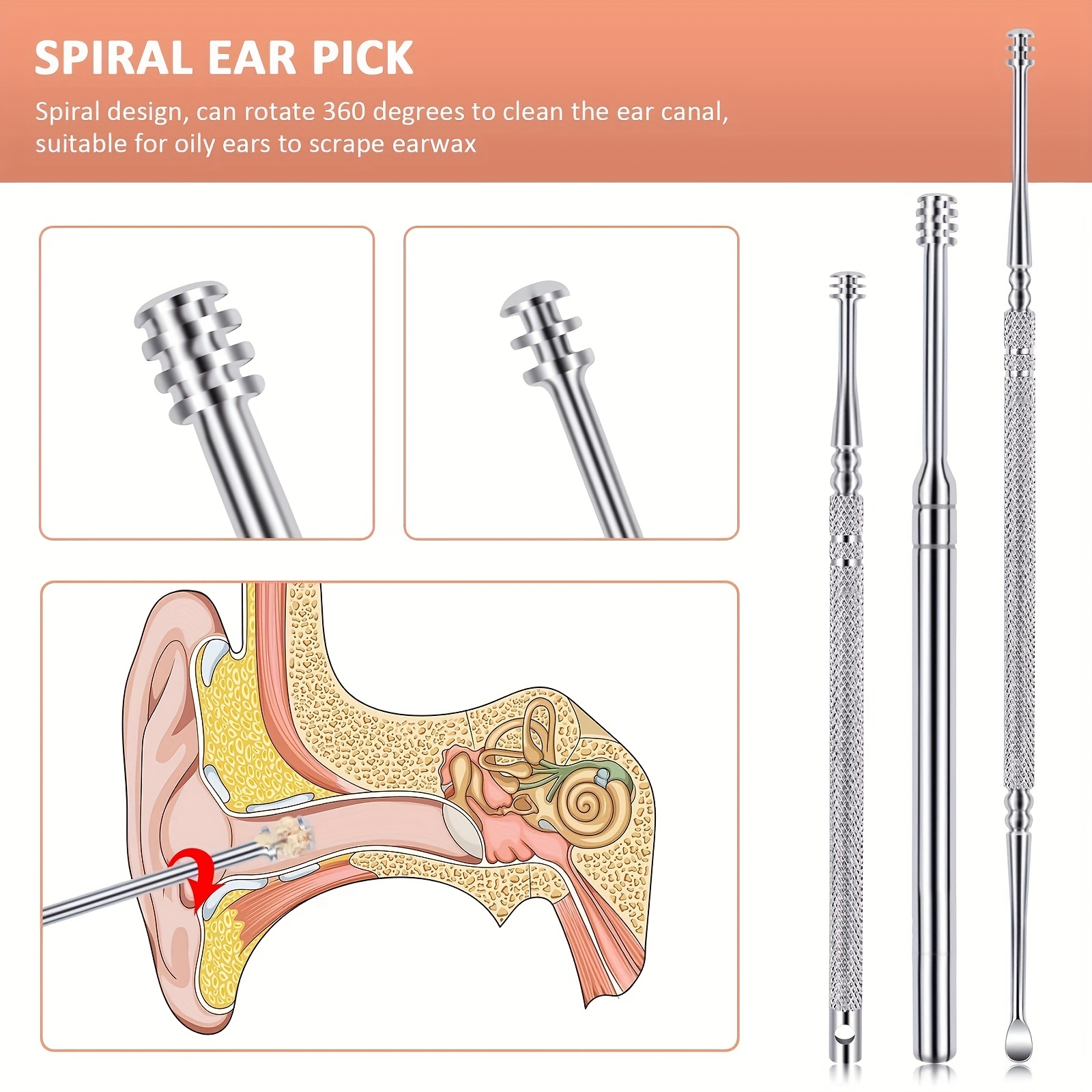 Hunato Ear Wax Removal Stainless Steel Ear Pick Curette Spiral