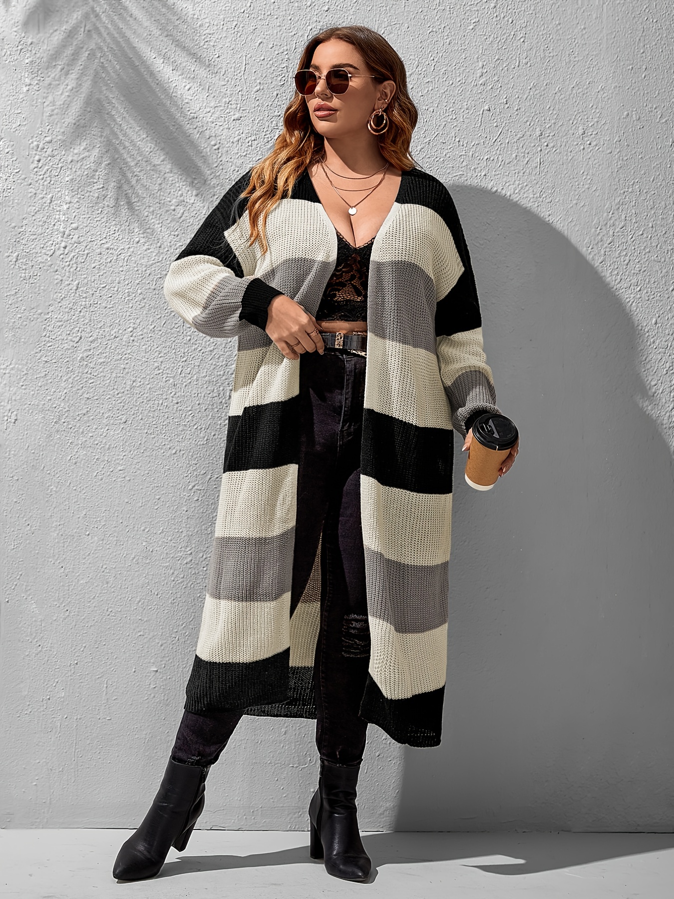 Plus Size Colorblock Long Sleeve Longline Cardigan, Women's Plus Slight