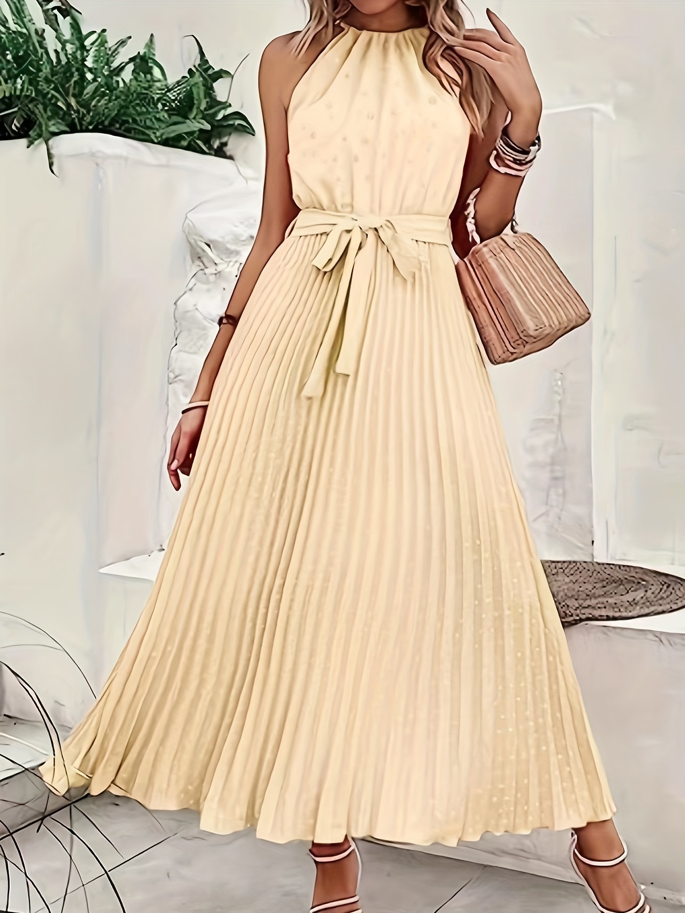 solid pleated dress elegant sleeveless knotted maxi dress womens clothing