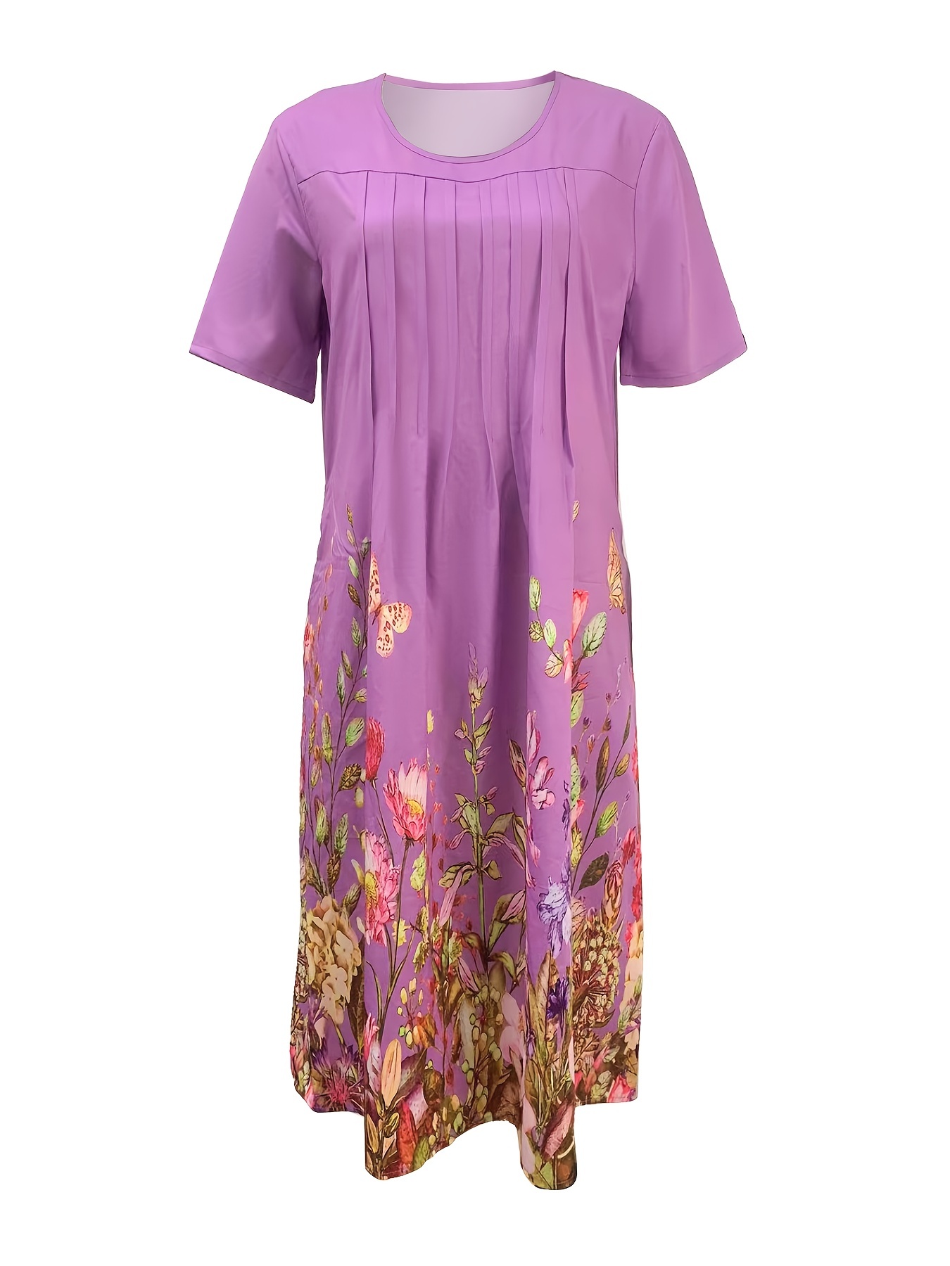 Çiçek Desenli Pilili Ön Elbise, Rahat Kısa Kollu Çift Cep Elbise, Kadın Giyim