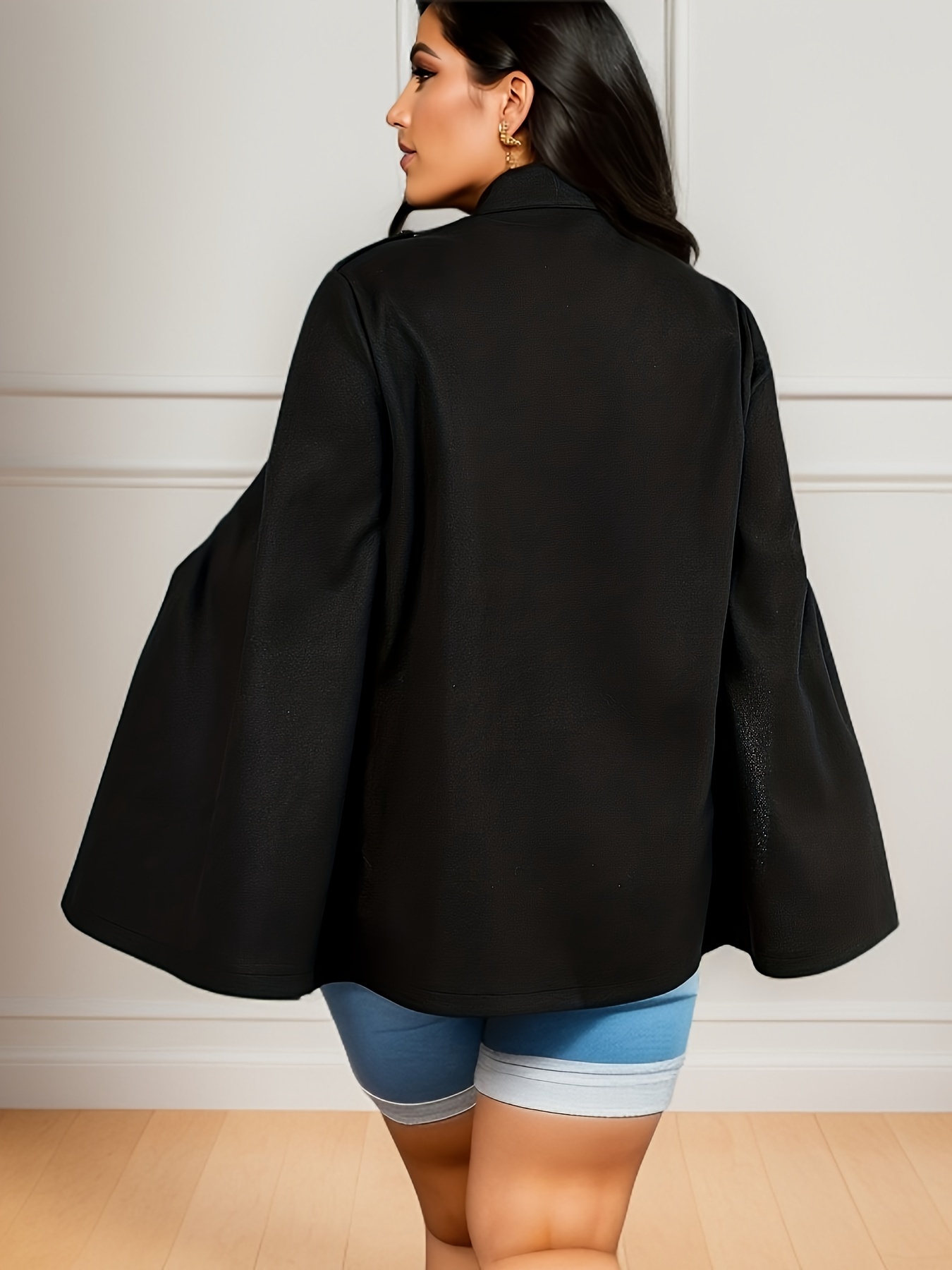Plus Size Elegant Coat, Women's Plus Solid Batwing Sleeve Button Up Hooded  Cape Shawl Coat - Temu