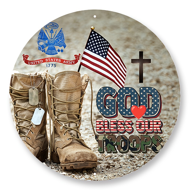 

1pc 8x8inch Aluminum Metal Sign God Bless Our Troups Us Army, Metal Wreath Sign, Door Decor, Round Wreath Sign