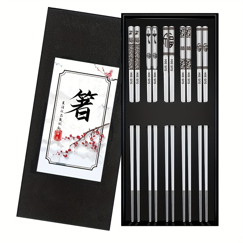 TEMU 5 Pairs Stainless Steel Chopsticks Gift Box Set, Reusable Chopsticks, Chopsticks, Durable, Dishwasher Safe, For Hotel, Gifts For New Year