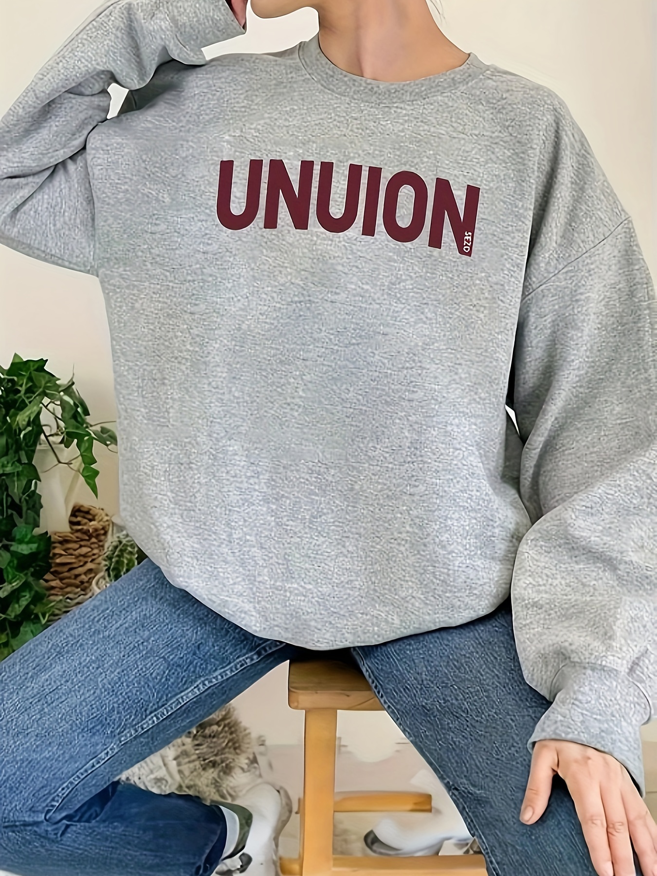 Unuion Letter Print Sweatshirt, Casual Crew Neck Long Sleeve Sweatshirt,  Women's Clothing