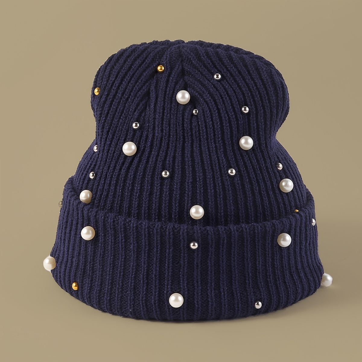 Faux Pearl Beanie Hat Classic Winter Warm Knitted Hat For Women