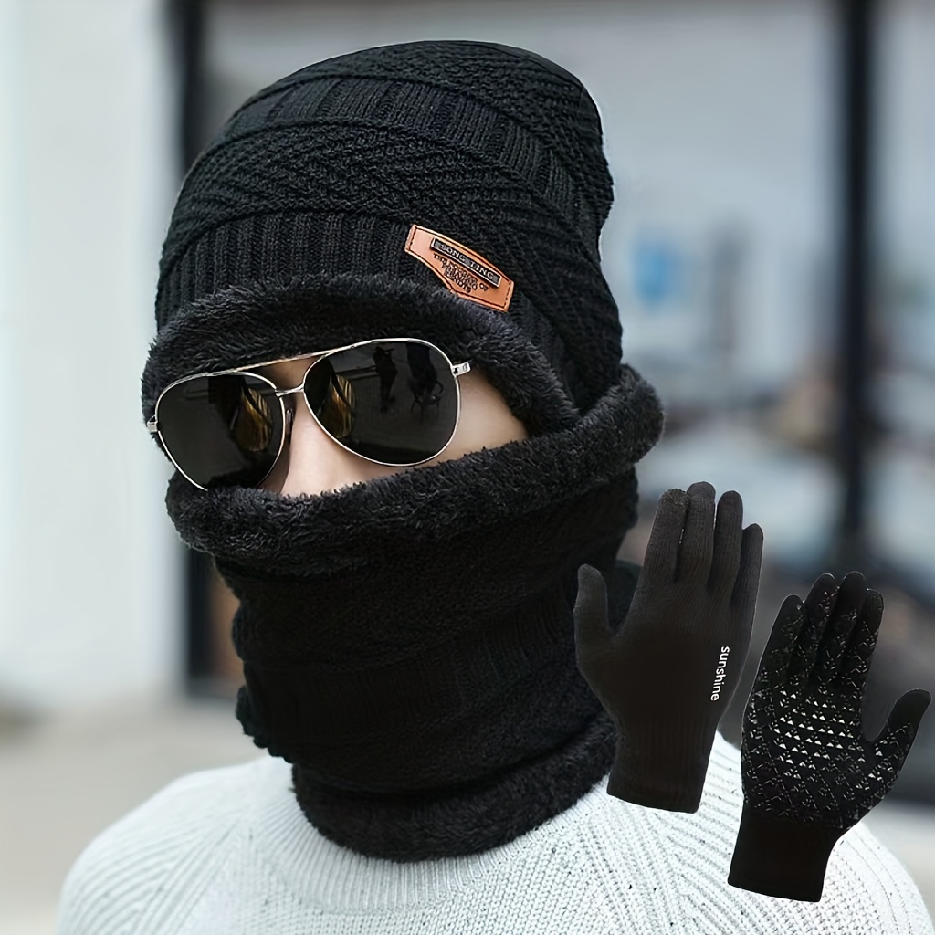 Knitted Hat, Gloves And Scarf Set, Outdoor Cold Protection, Diamond-shaped  Woolen Hat - Temu