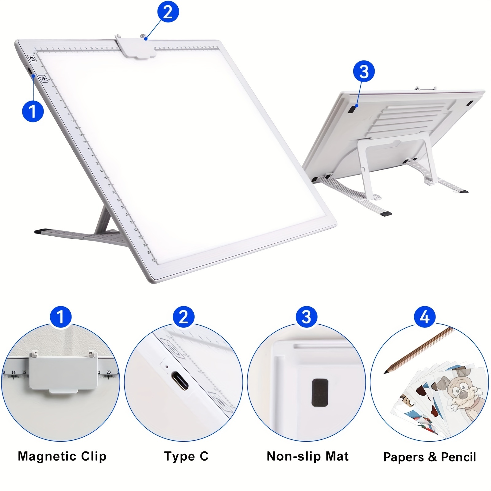 A3 LED Rechargeable Light Board with Foldable Stand, Large Magnetic Paper  Clip, Type-C Chargeable Cord, 3 Light Tones, 6 Levels of Brightness,  Wireless Light Pad for Diamond Painting Tracing and Drawing