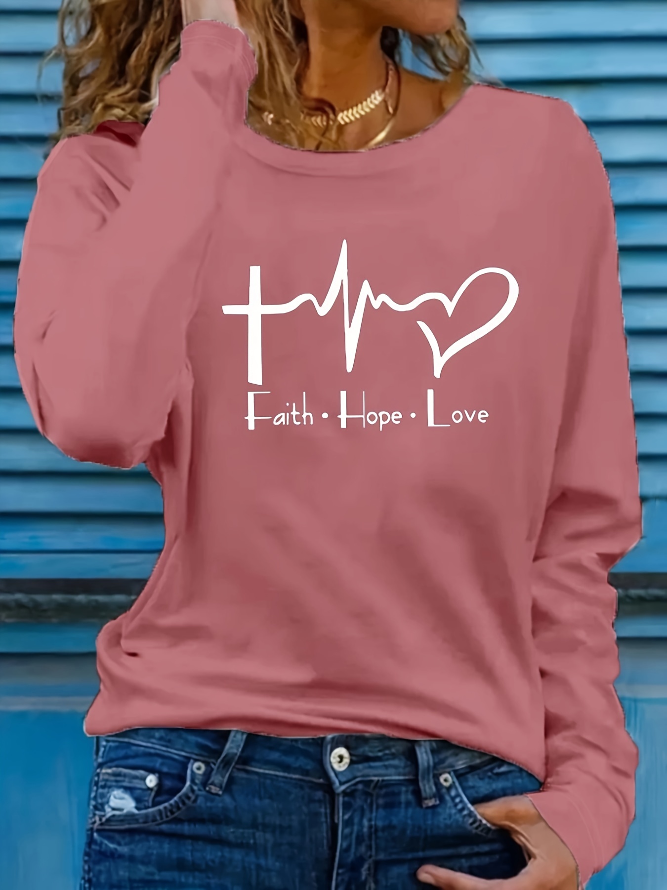 Faith Love プリント Tシャツ カジュアルクルーネック長袖トップ 春と