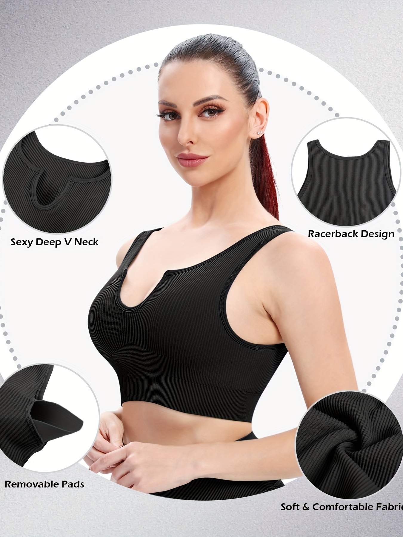  Racerback Sports Bras for Women - High Impact Support V Neck  Padded Yoga Bra Adjustable Workout Crop Tank Tops Black : Clothing, Shoes &  Jewelry