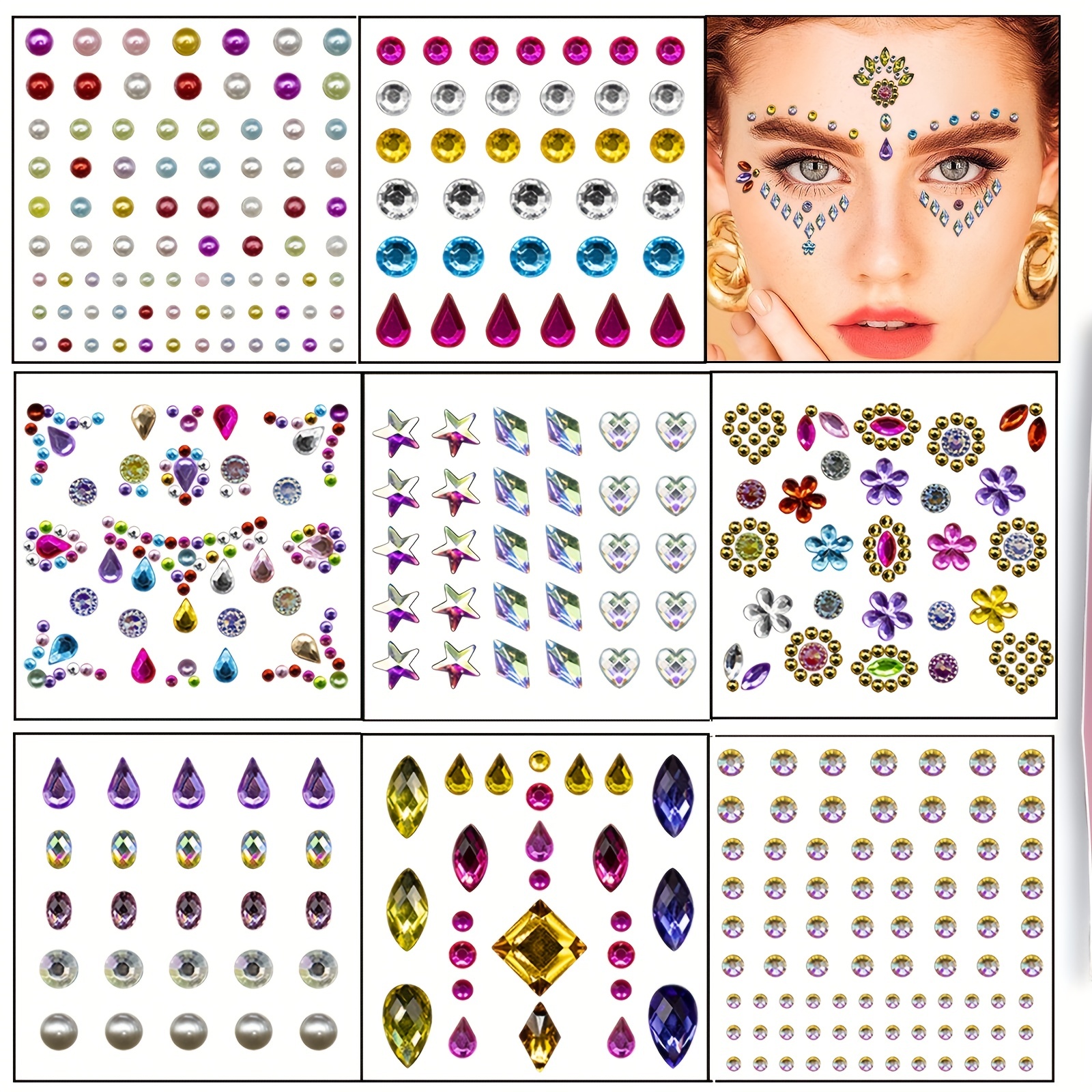 12 Sheets Eye Face Body Nail Jewels Self-Adhesive Rhinestone Stickers Stick  on Gems for Makeup Crafts Festival Accessory Decoration simple