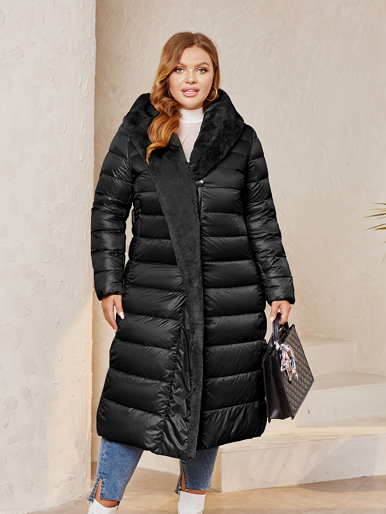 Plus Size Casual Winter Coat, Women's Plus Solid Quilted Long Sleeve Button  Up Fuzzy Trim Hooded Longline Puffer Coat With Pockets