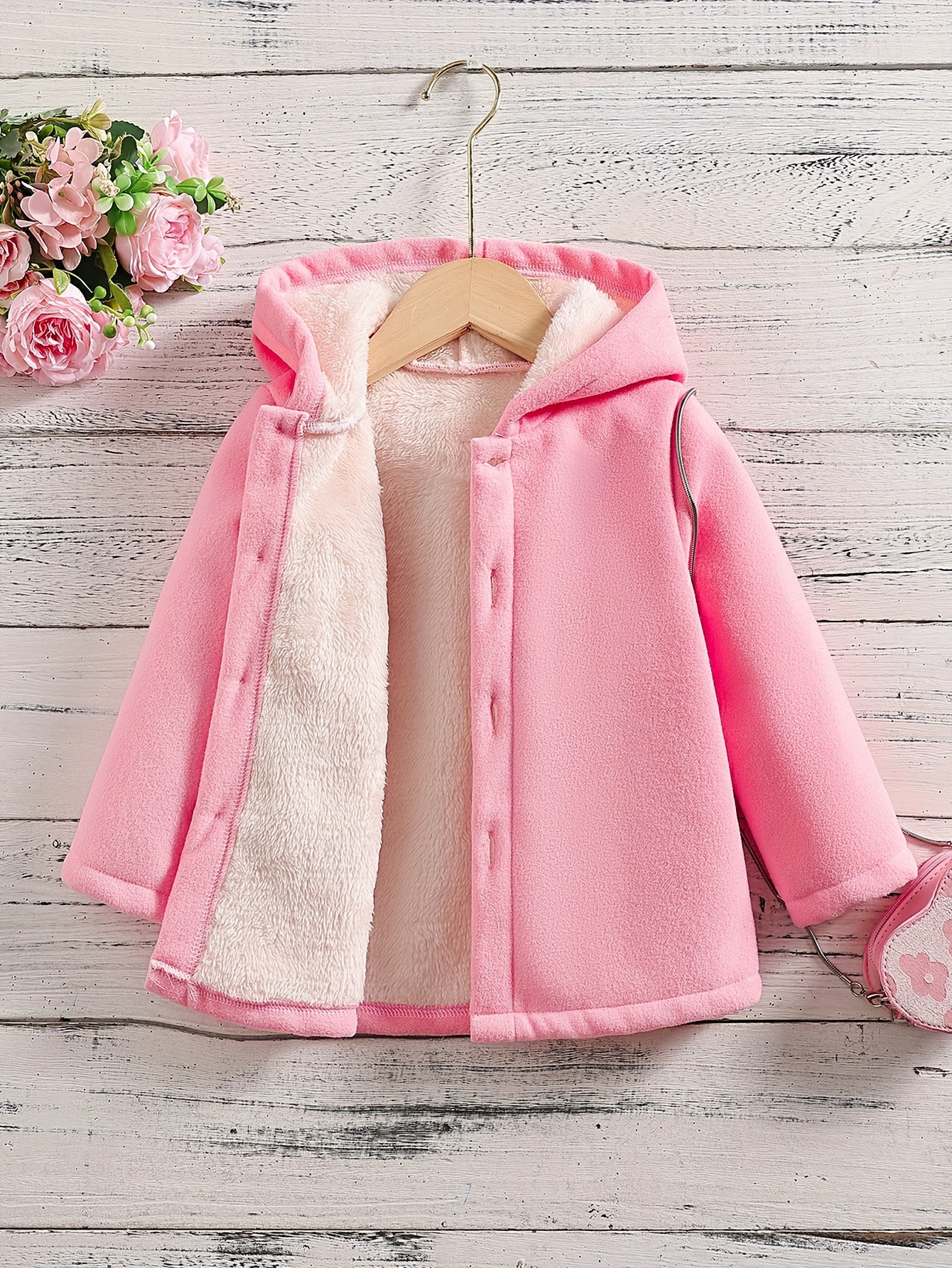 Girls' Thick Hooded Fleece Coat, Warm Button-Up Jacket