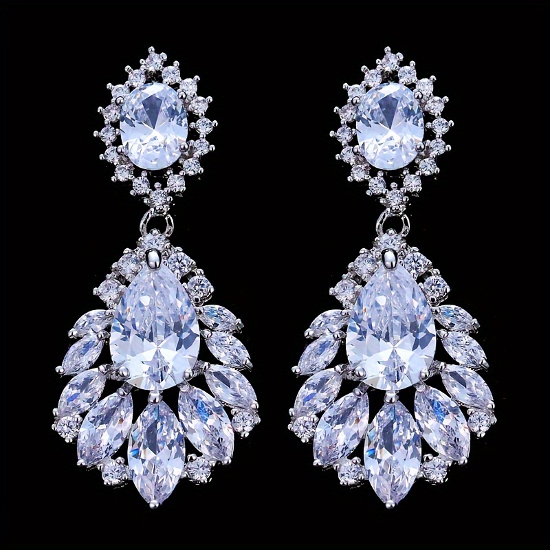 

Glamorous Dangle Earrings Sparkling Flower Design Silver Plated Paved Shining Zirconia Engagement/ Wedding Decor Dupes Luxury Jewelry